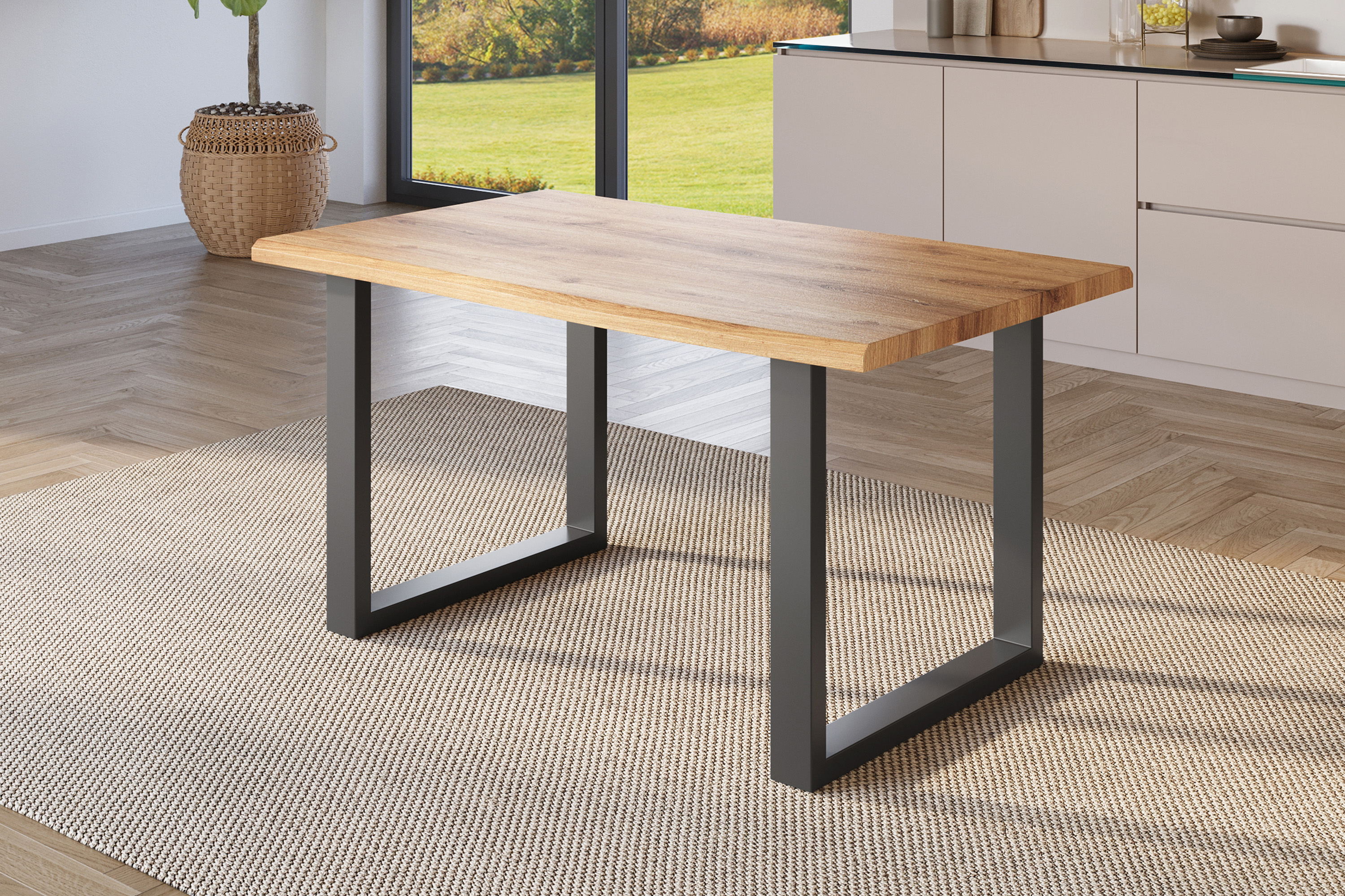 Esstisch Baumkante Holz-Optik Wildeiche 160 x 85 U-Gestell schwarz JULIUS