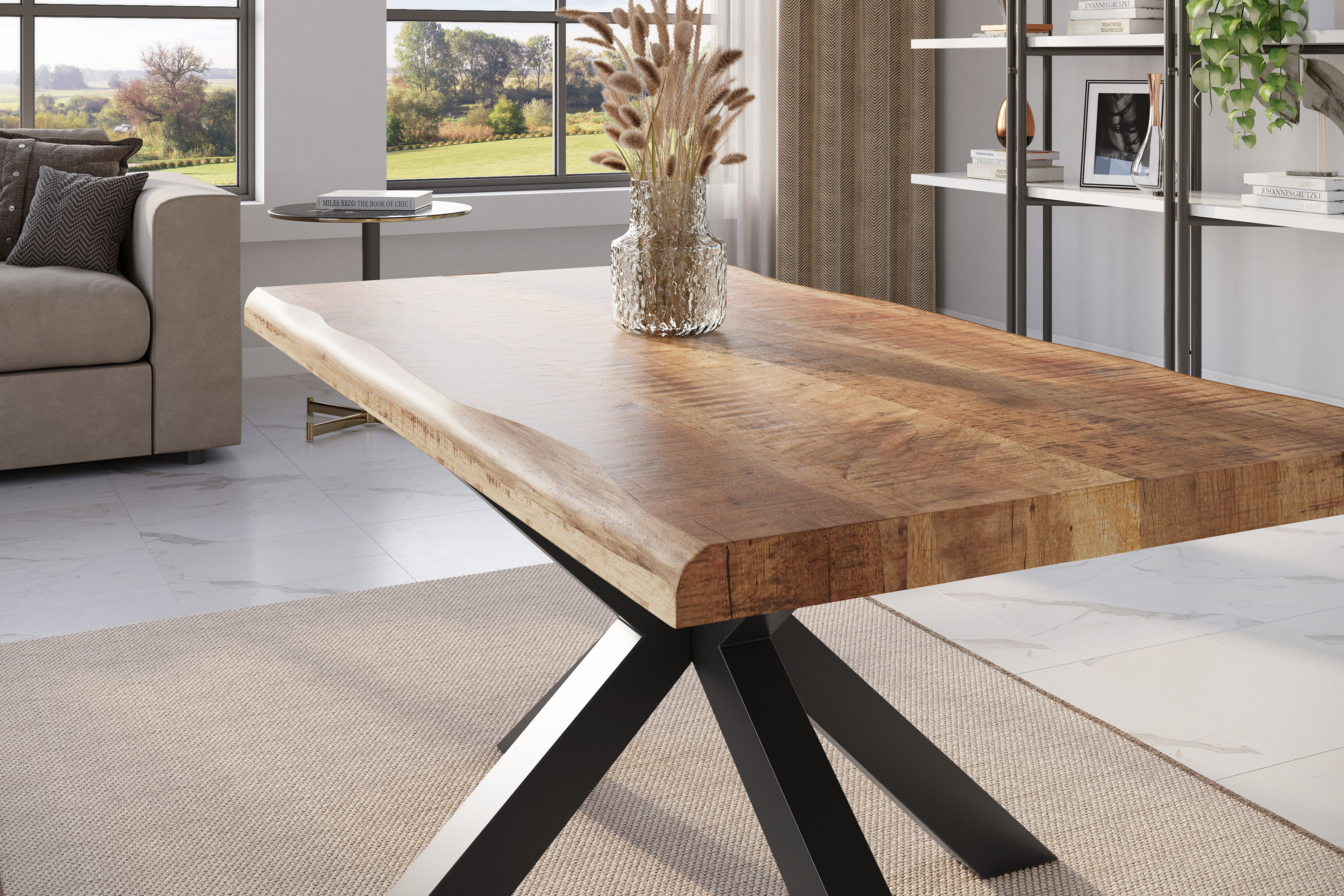 Esstisch Baumkante massiv Mango rough 120 x 80 Spider-Gestell schwarz ATLAS