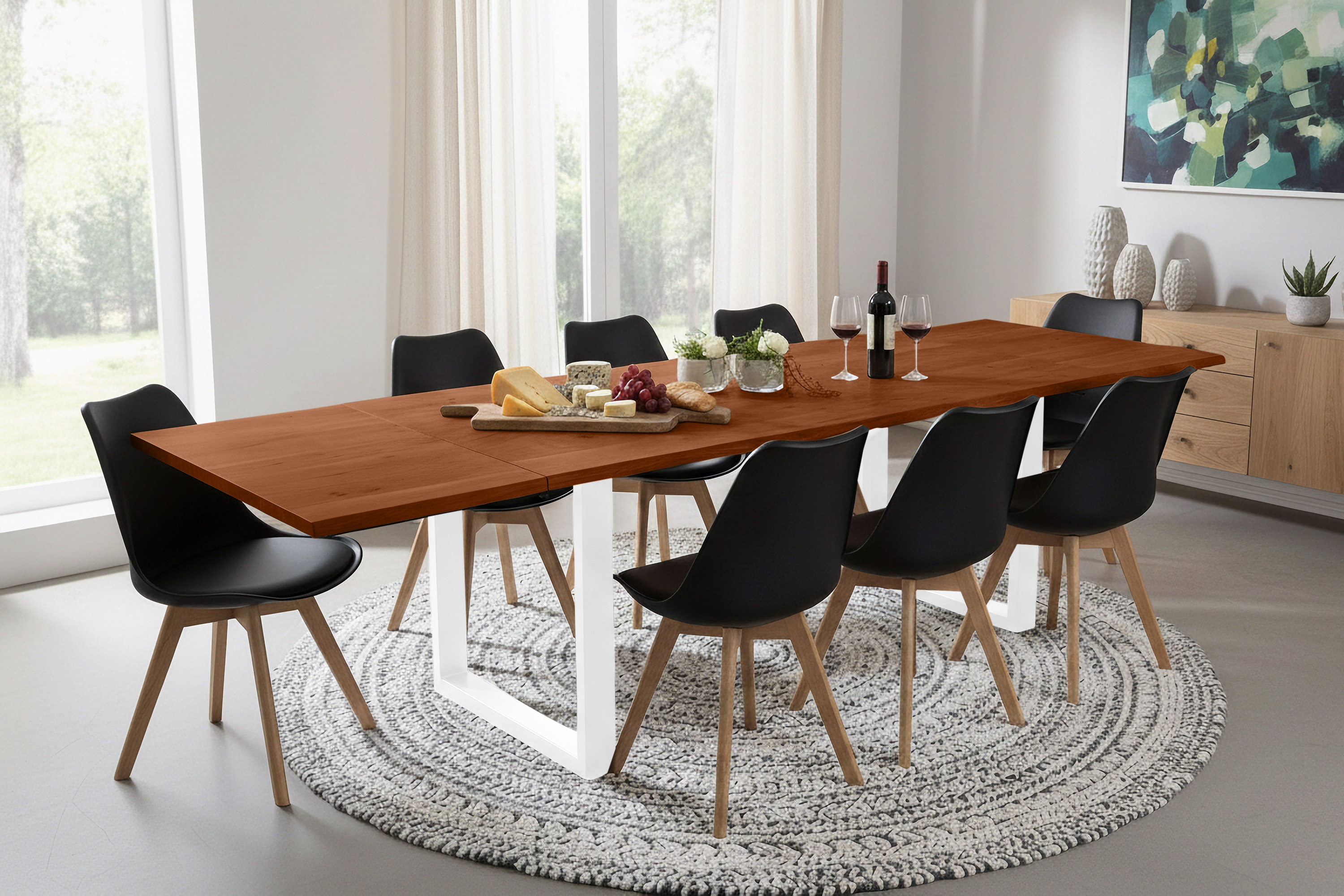Esstisch Baumkante Akazie nuss 180(280)x90 Ansteckplatten U-Gestell weiß AVINO