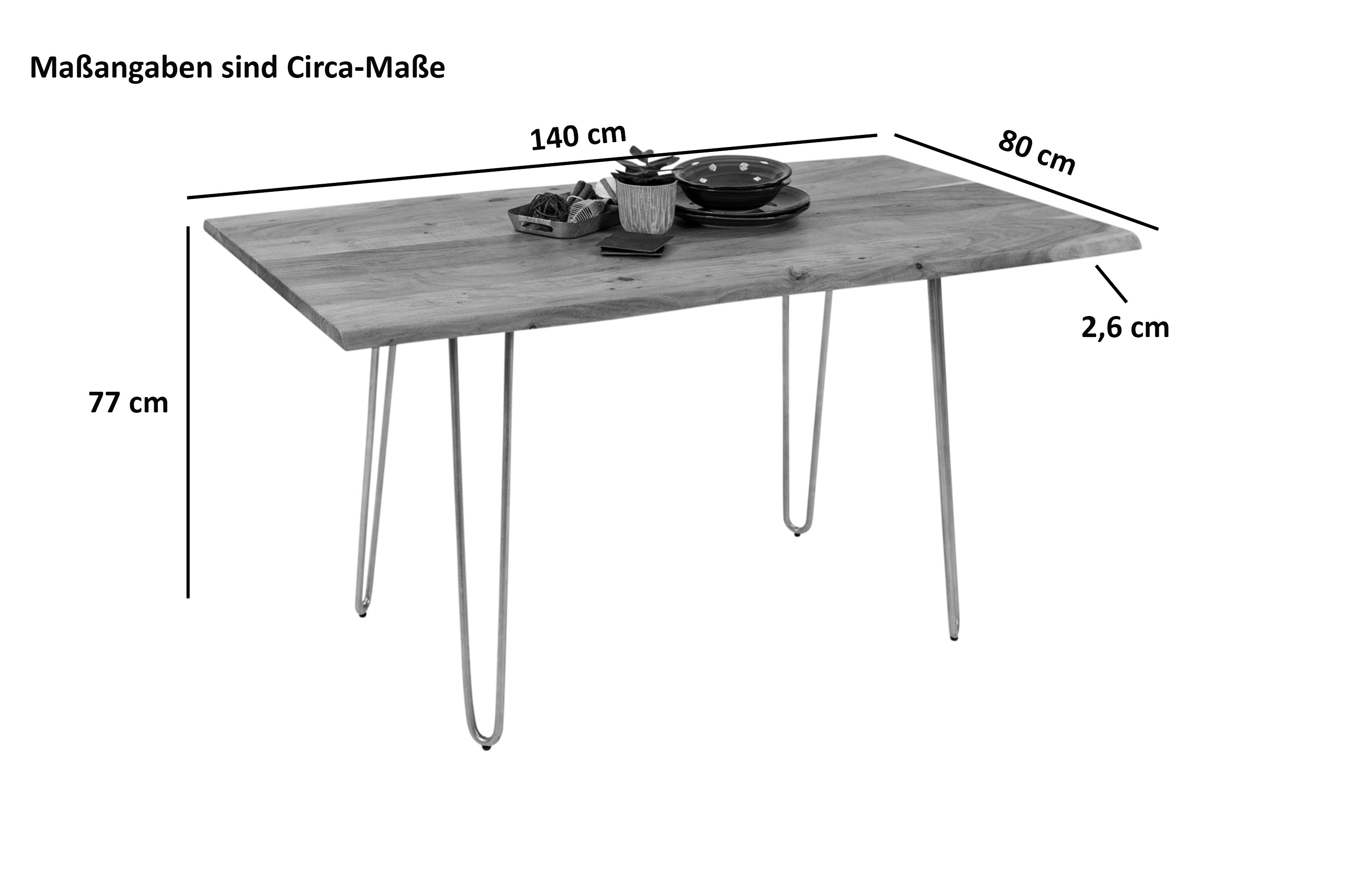 Esstisch Baumkante massiv Akazie natur 140 Hairpin-Gestell silber HANNAH Esstisch Baumkante massiv Akazie natur 140 Hairpin-Gestell silber HANNAH