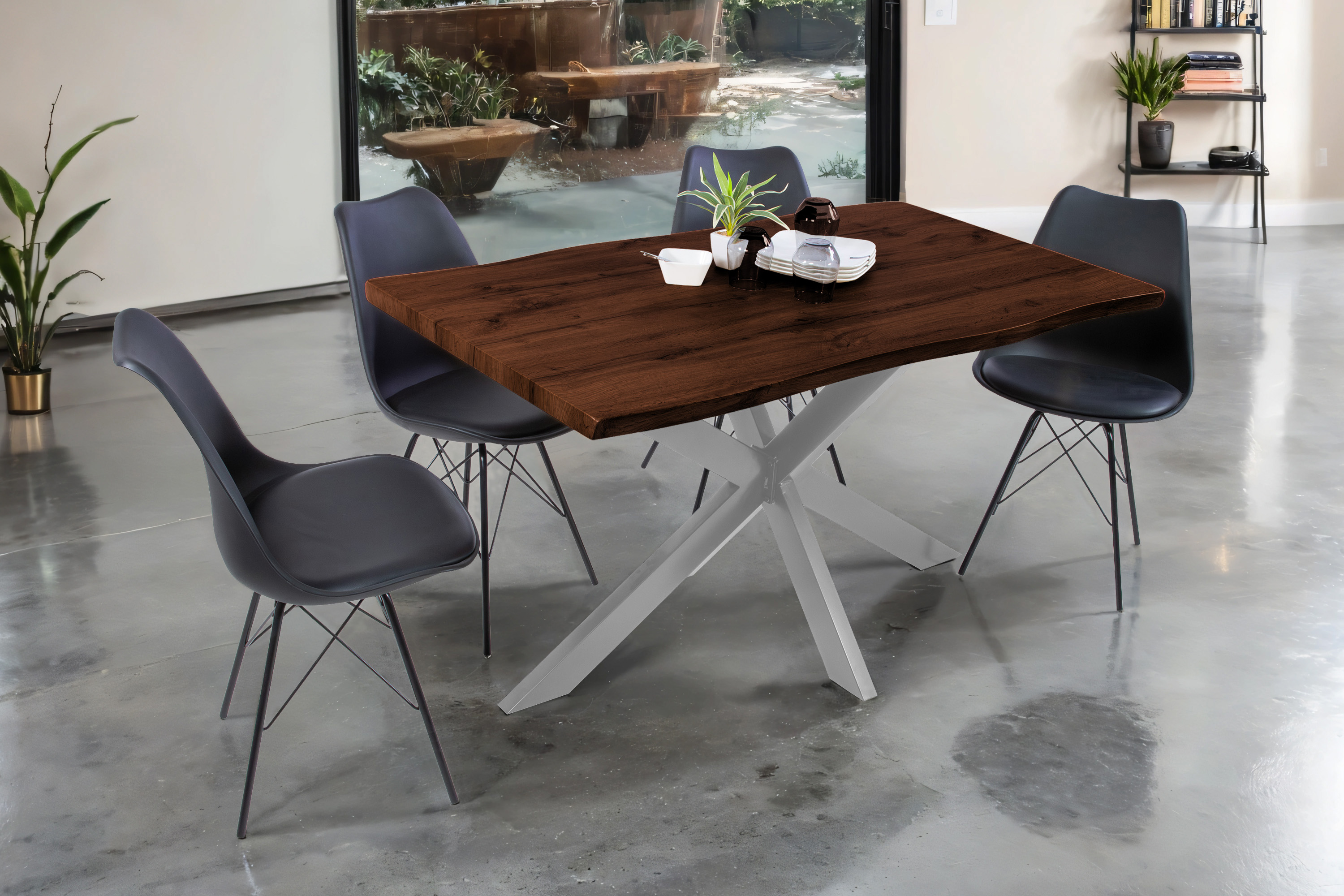 Esstisch Baumkante Holz-Optik Nussbaum 140 x 80 Spider-Gestell silber JOSY