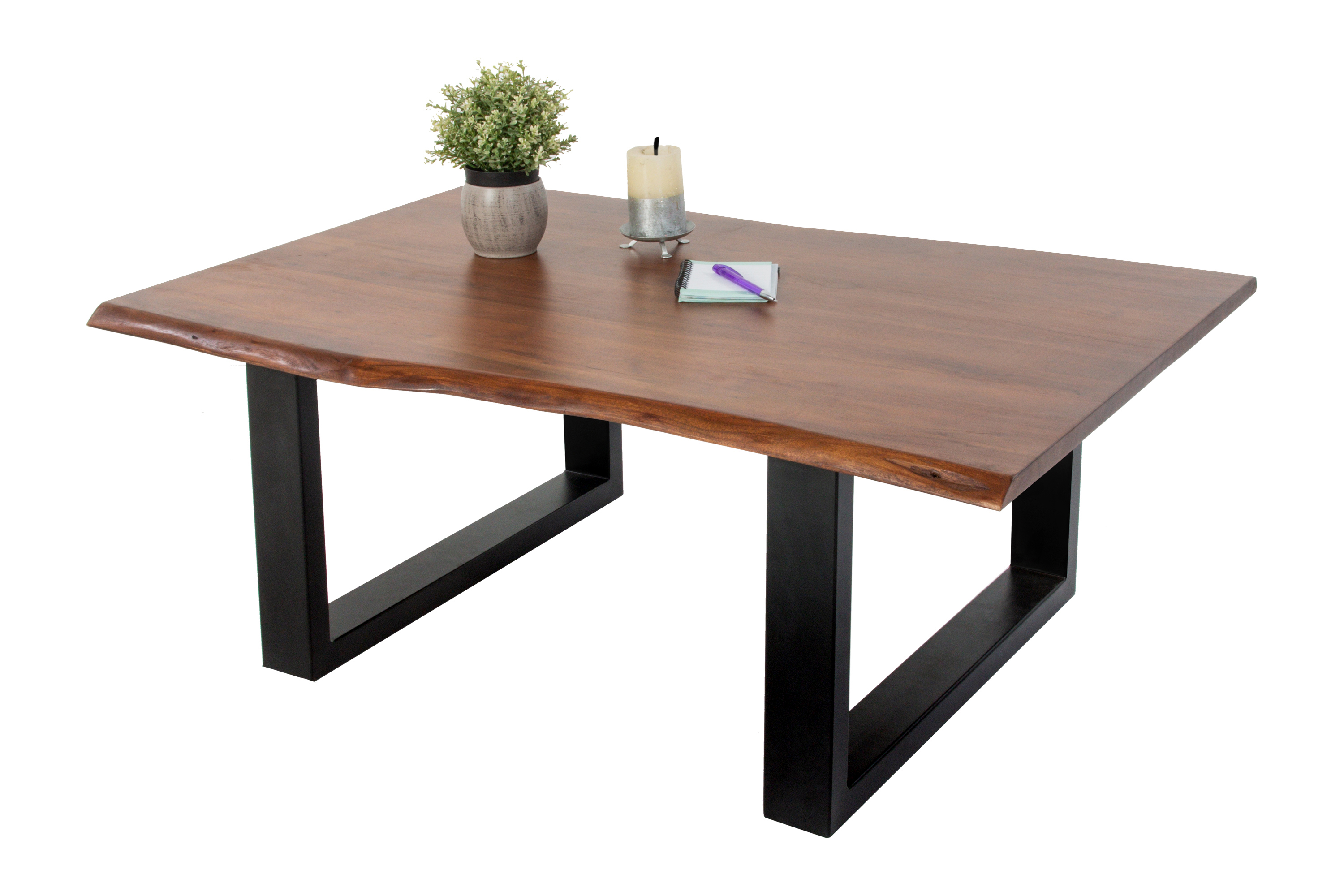 Couchtisch Baumkante massiv Akazie Nussbaum 110 x 75 cm U-Gestell schwarz INSA