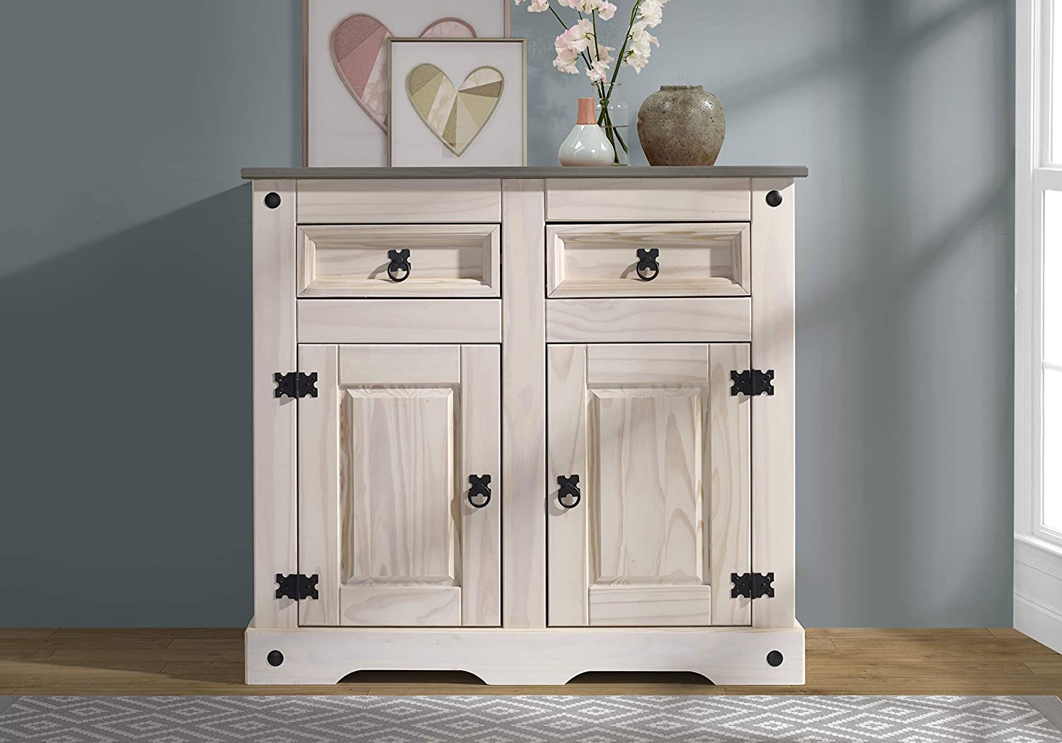  Sideboard Kommode 91,5 x 83,5 x 43 cm Pinienholz weiß grau lasiert MEXICO