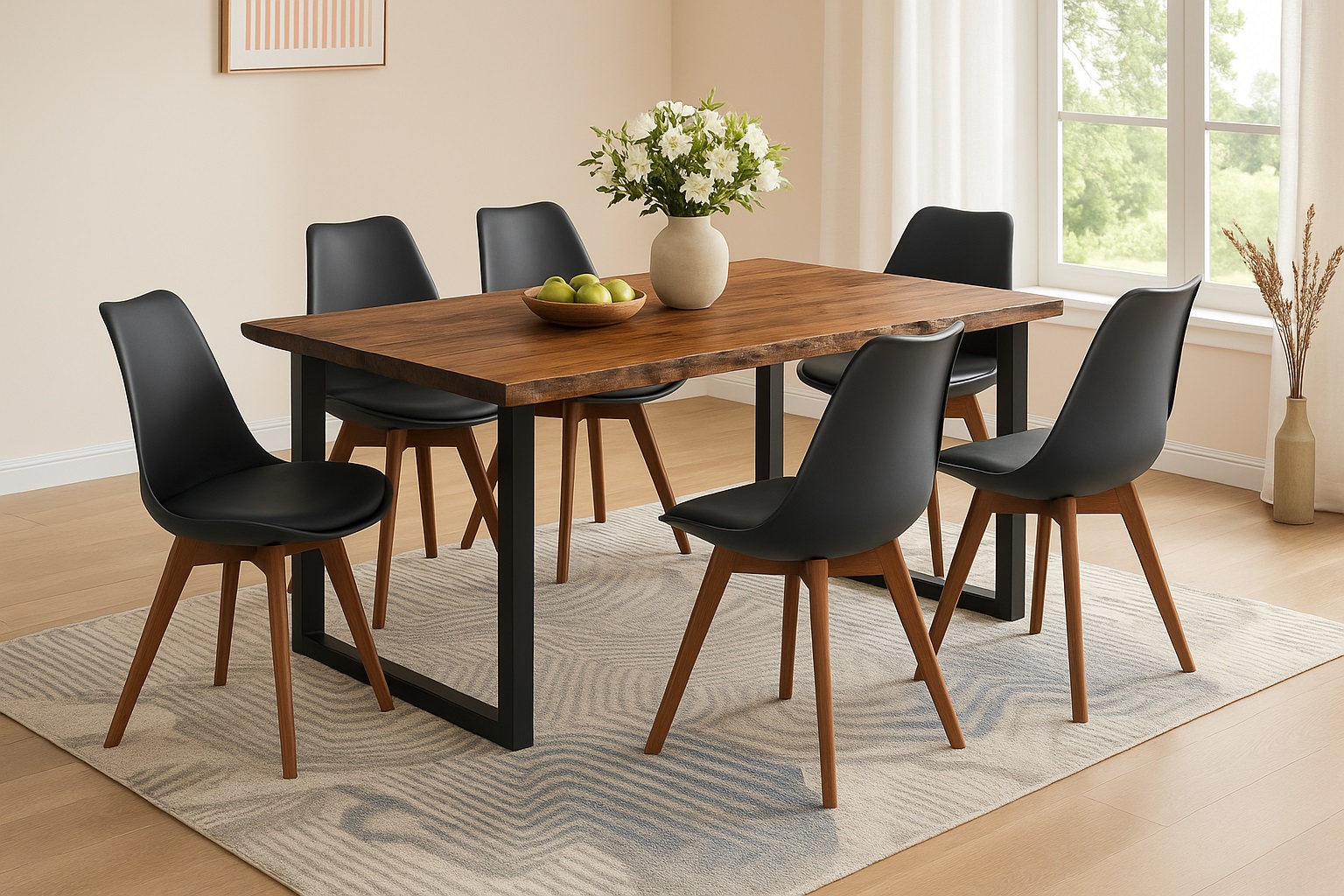 Essgruppe Baumkante massiv 160 x 85 cm Akazie nussbaumfarben U-Gestell schwarz & 6 Stühle schwarz QUINN