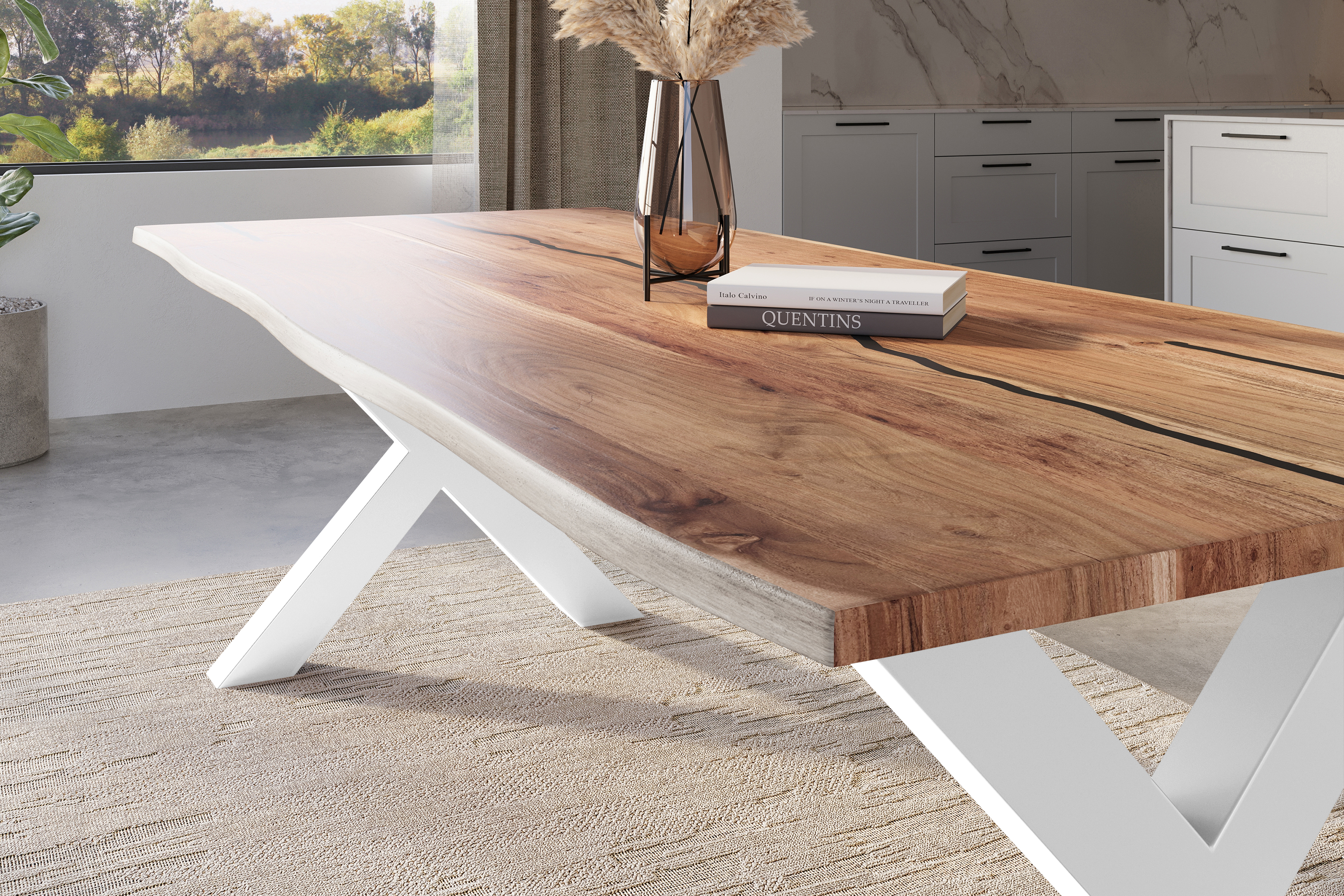 Baumkantentisch Akazie mit schwarzen Resin-Adern naturfarben 260 x 100 cm X-Gestell weiß POLLY