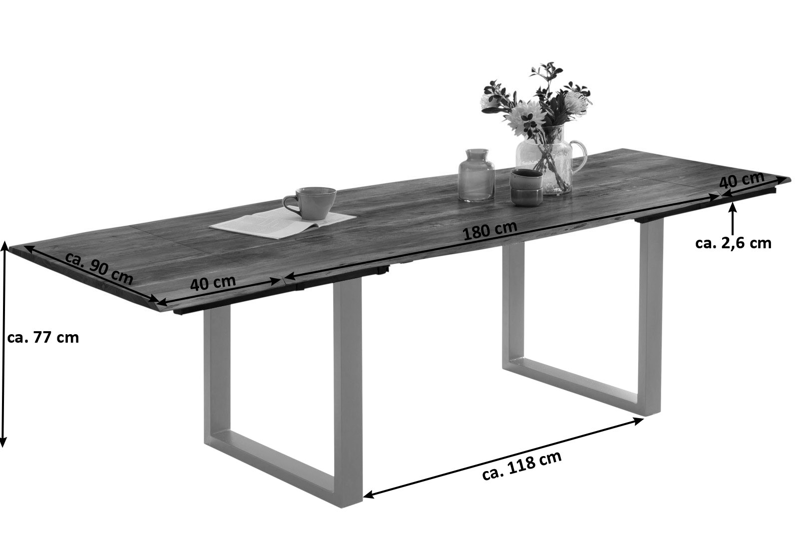Esstisch Baumkante Akazie nuss 180(280)x90 Ansteckplatten silber PAULO