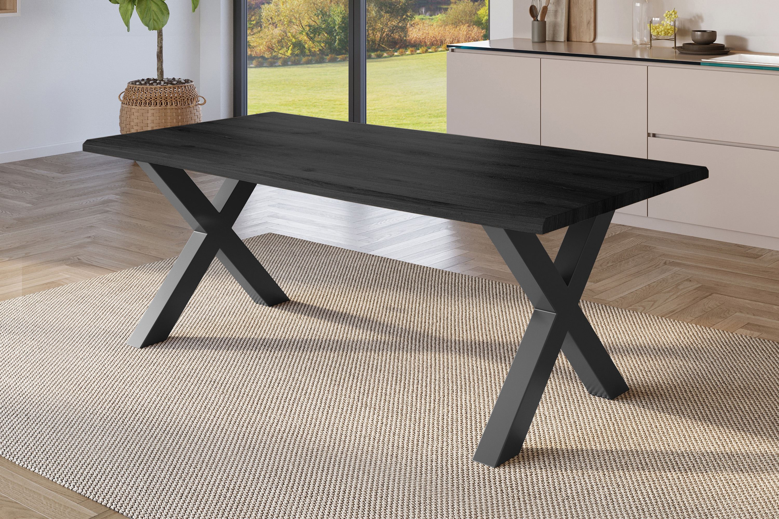 Esstisch Baumkante Holz-Optik Grau 220 x 100 X-Gestell schwarz JOSY