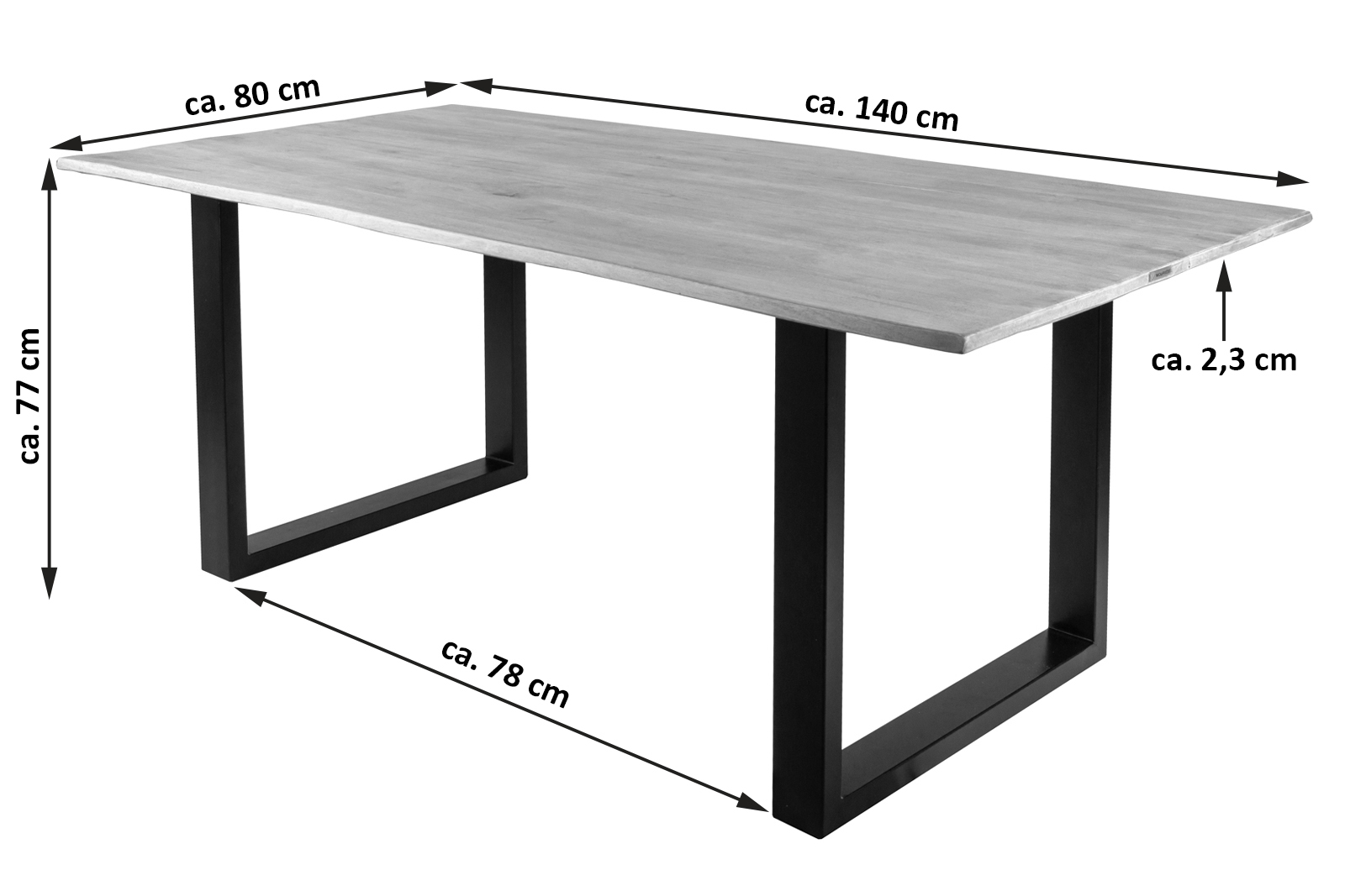 Baumkantentisch Hevea massiv eichefarben 140 x 80 cm U-Gestell schwarz MAILO