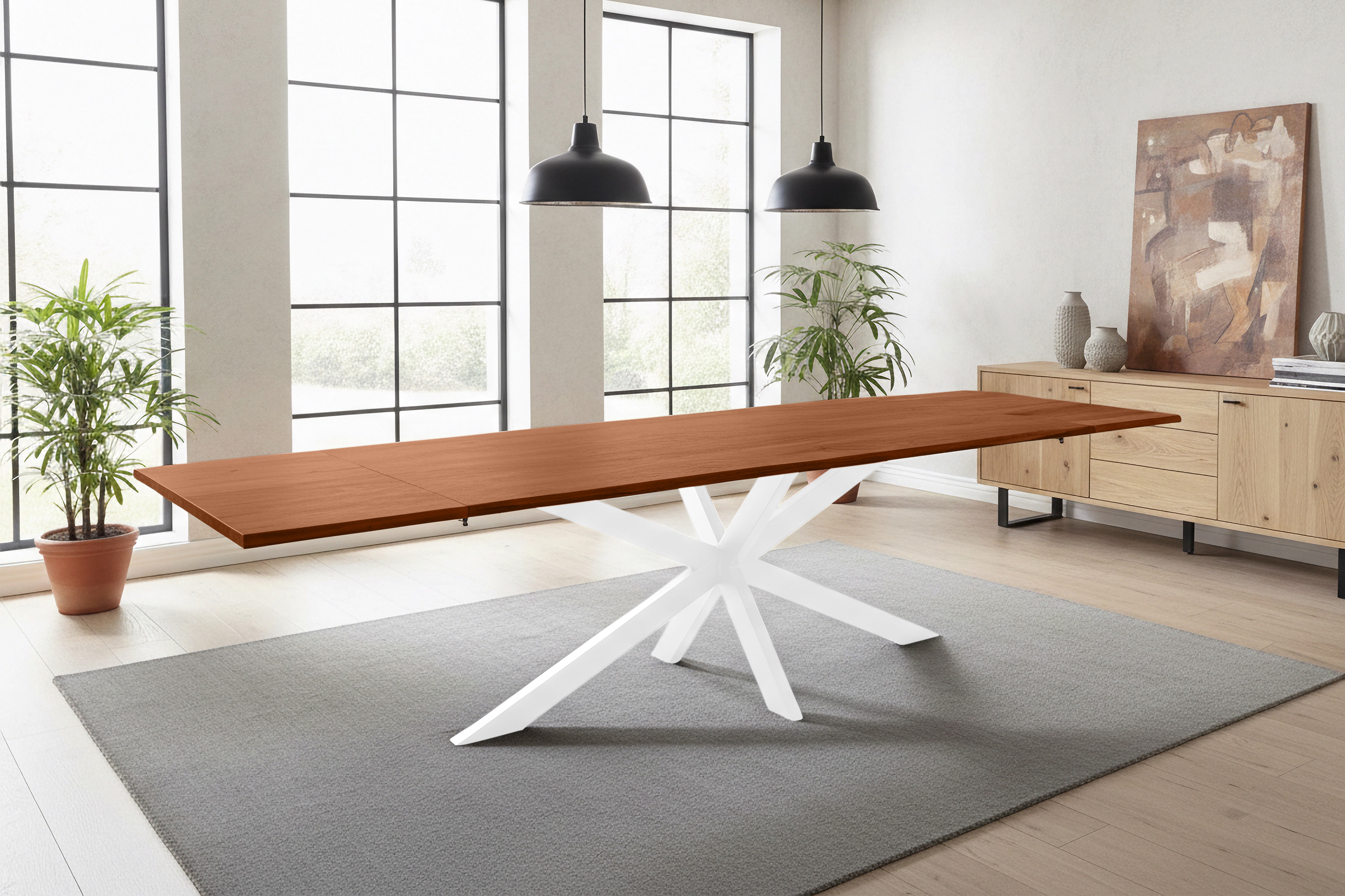 Esstisch Baumkante Akazie nuss 200(300)x100 Ansteckplatten Spider-Gestell weiß AVINO