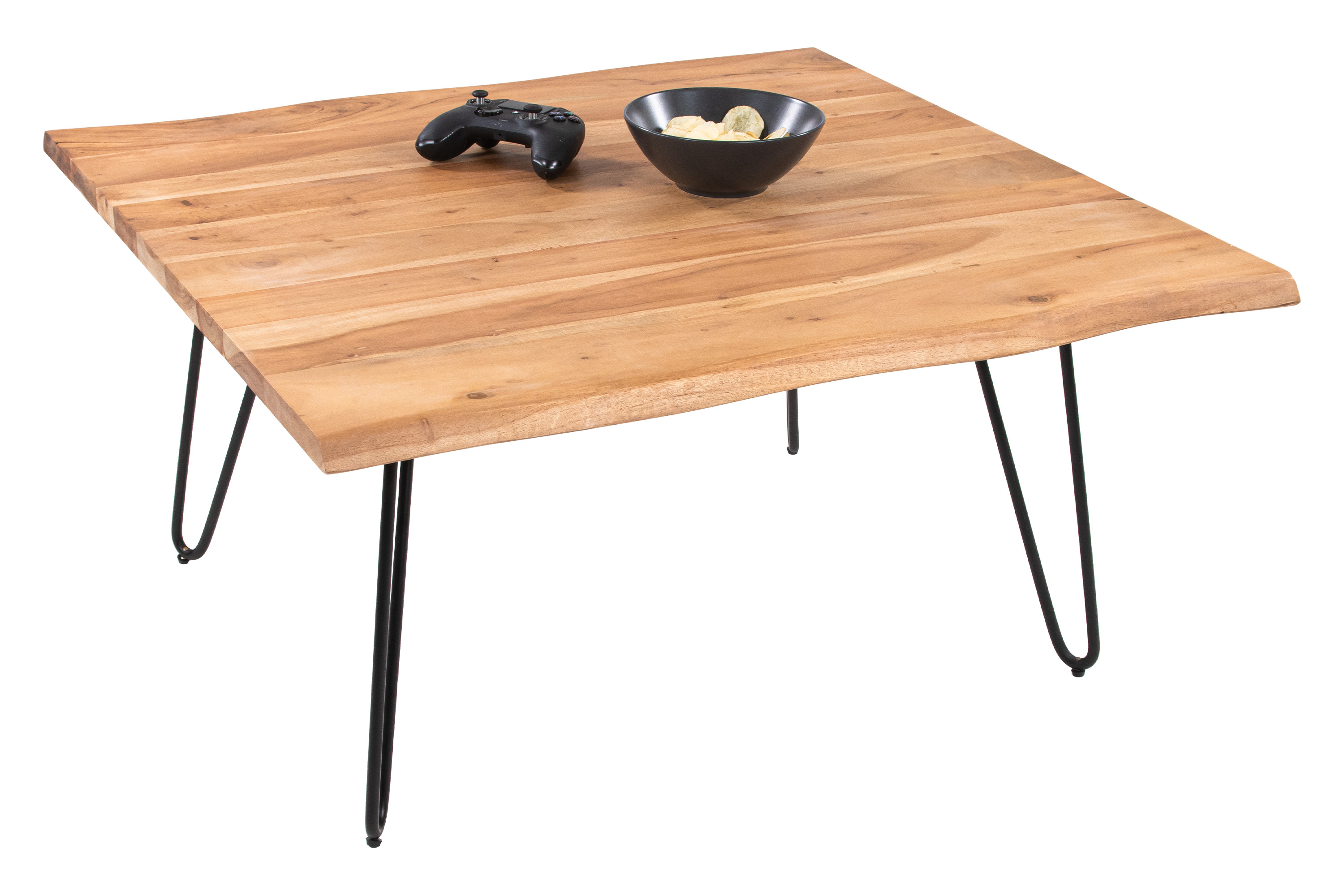 Couchtisch Baumkante massiv Akazie natur 90 x 90 Hairpin-Gestell schwarz NOAH