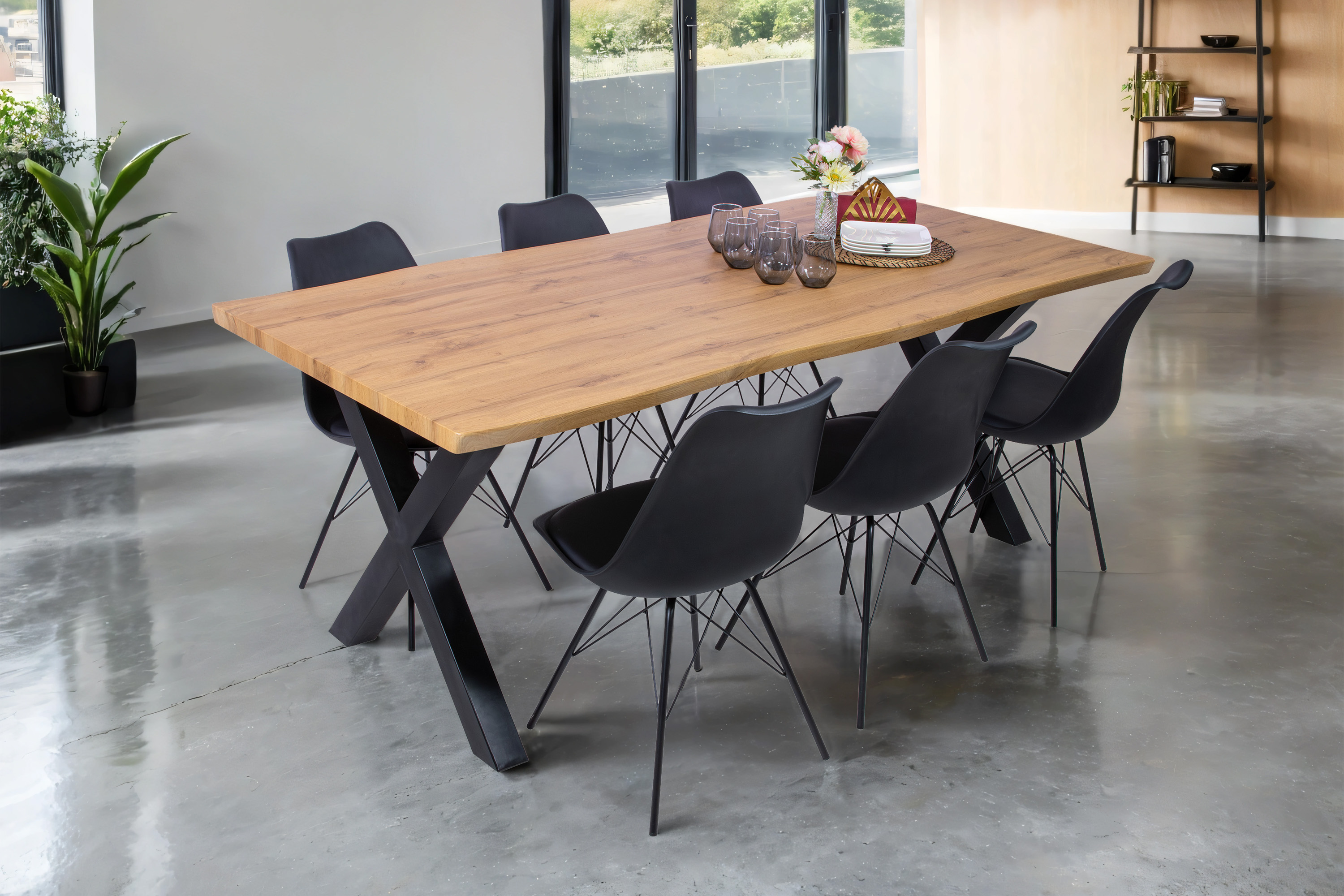 Esstisch Baumkante Holz-Optik Wildeiche 200 x 100 X-Gestell schwarz JOSY