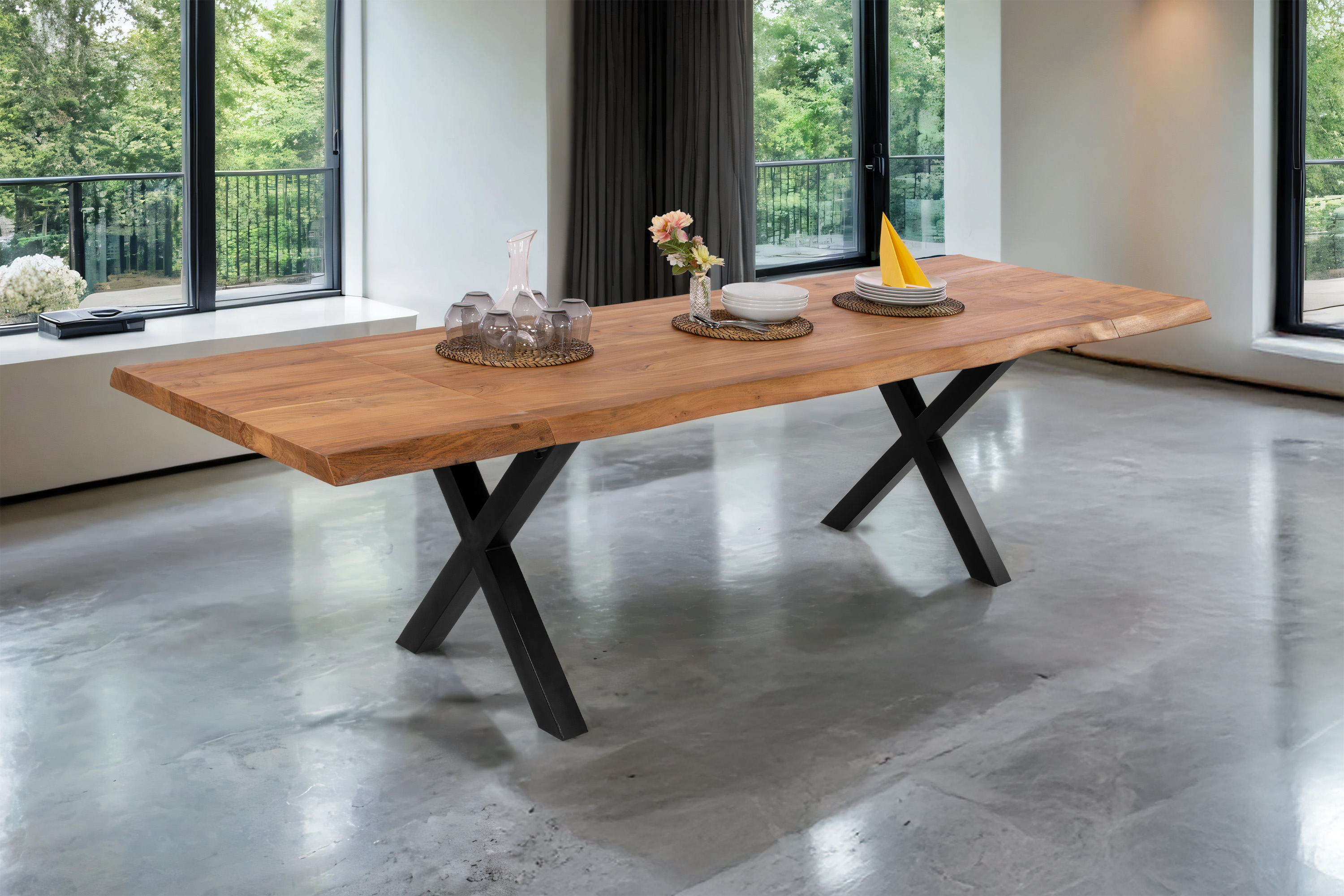 Esstisch Baumkante Akazie natur 140 (220) x 90 cm X-Gestell schwarz mit Ansteckplatten CALI