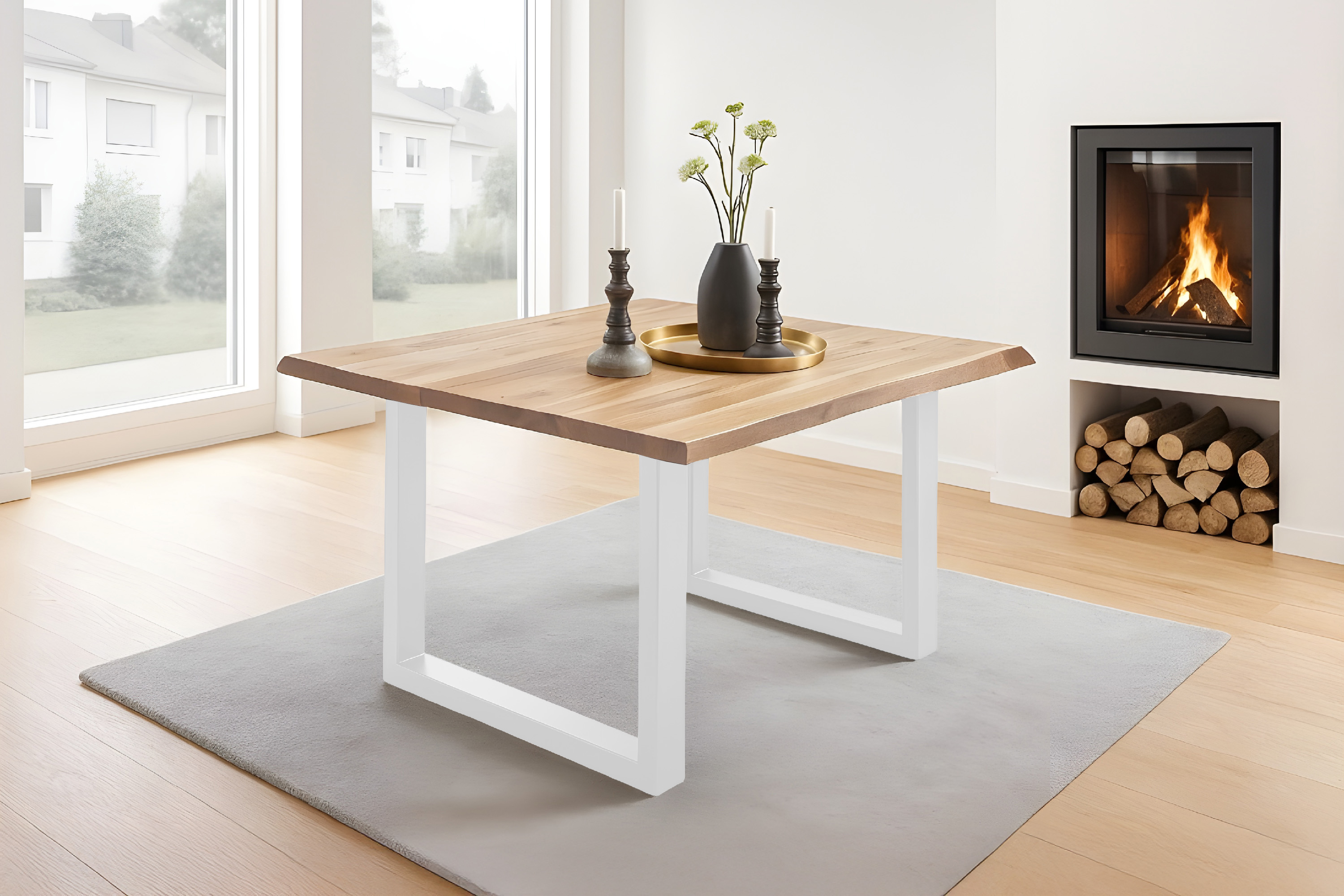 Esstisch Baumkante massiv Akazie eichefarben 90 x 90 weiß NIAH