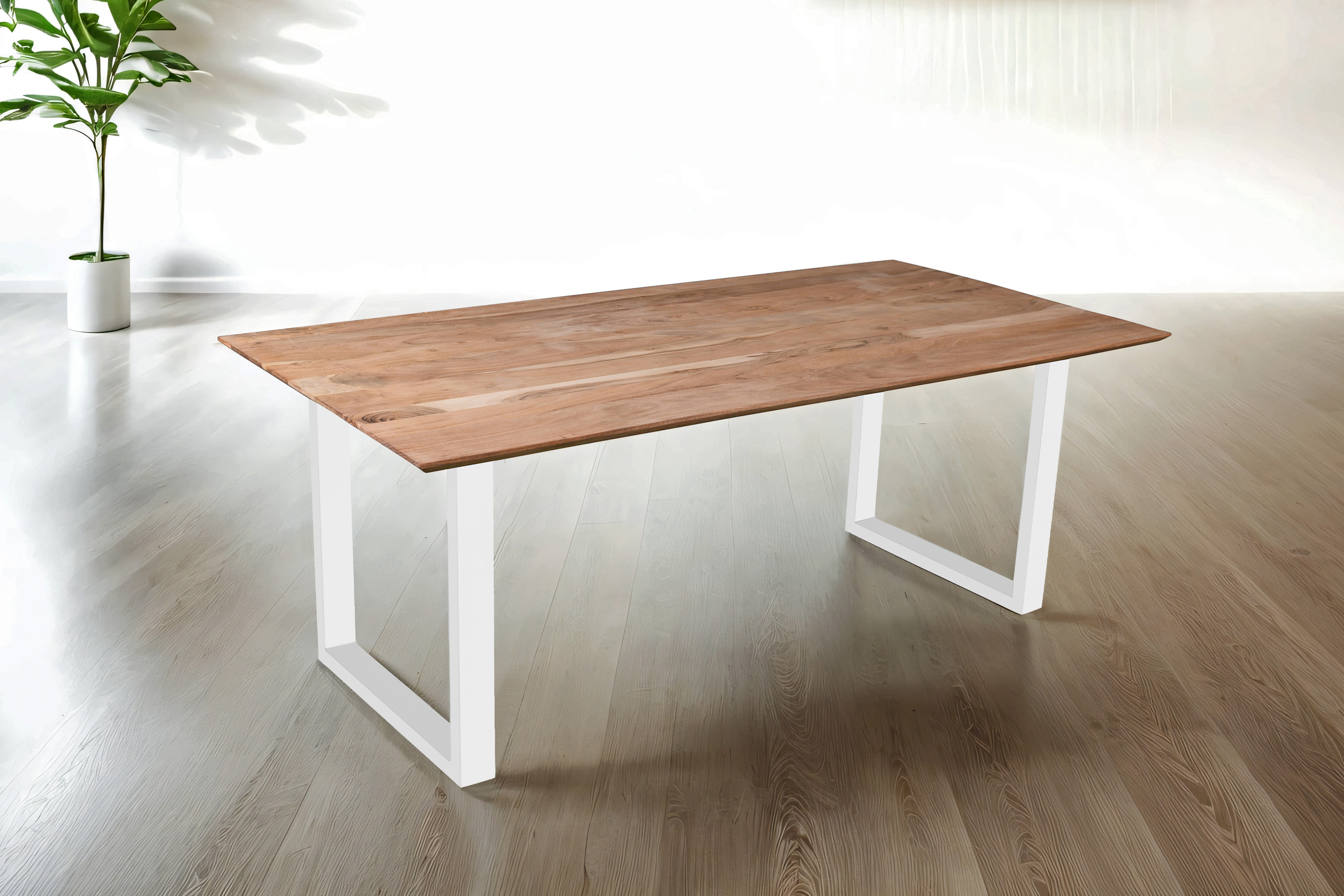 Esstisch 200x100 cm Akazie massiv eichenfarben schweizer Kante U-Gestell weiß DEAN