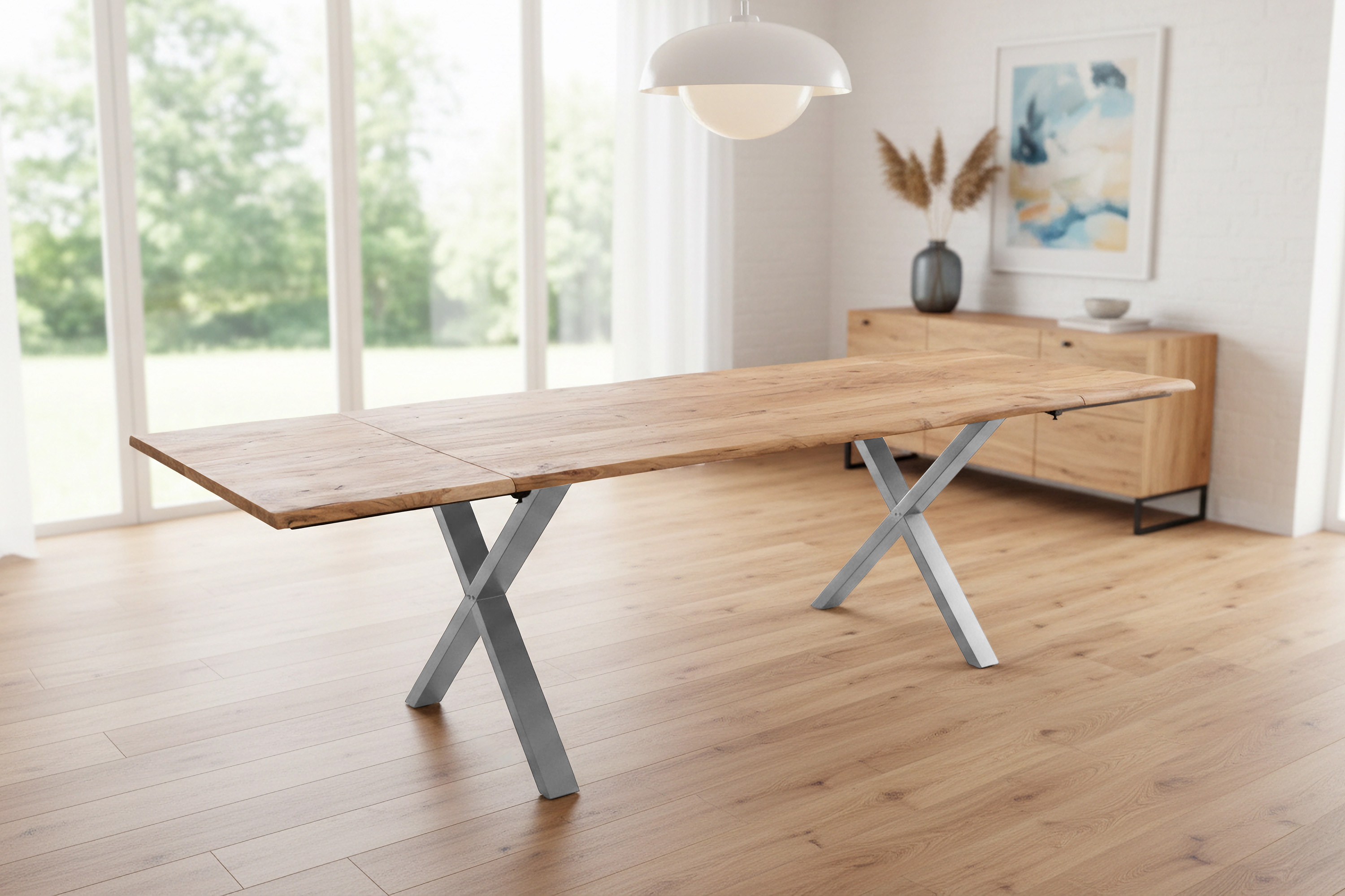 Esstisch Baumkante Akazie natur 180(280)x90 Ansteckplatten X-Gestell silber AVINO