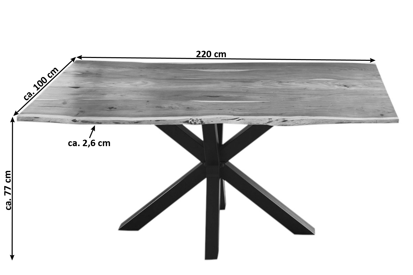  Esstisch Baumkante massiv Akazie natur 220 cm Spider-Gestell schwarz QUINCY