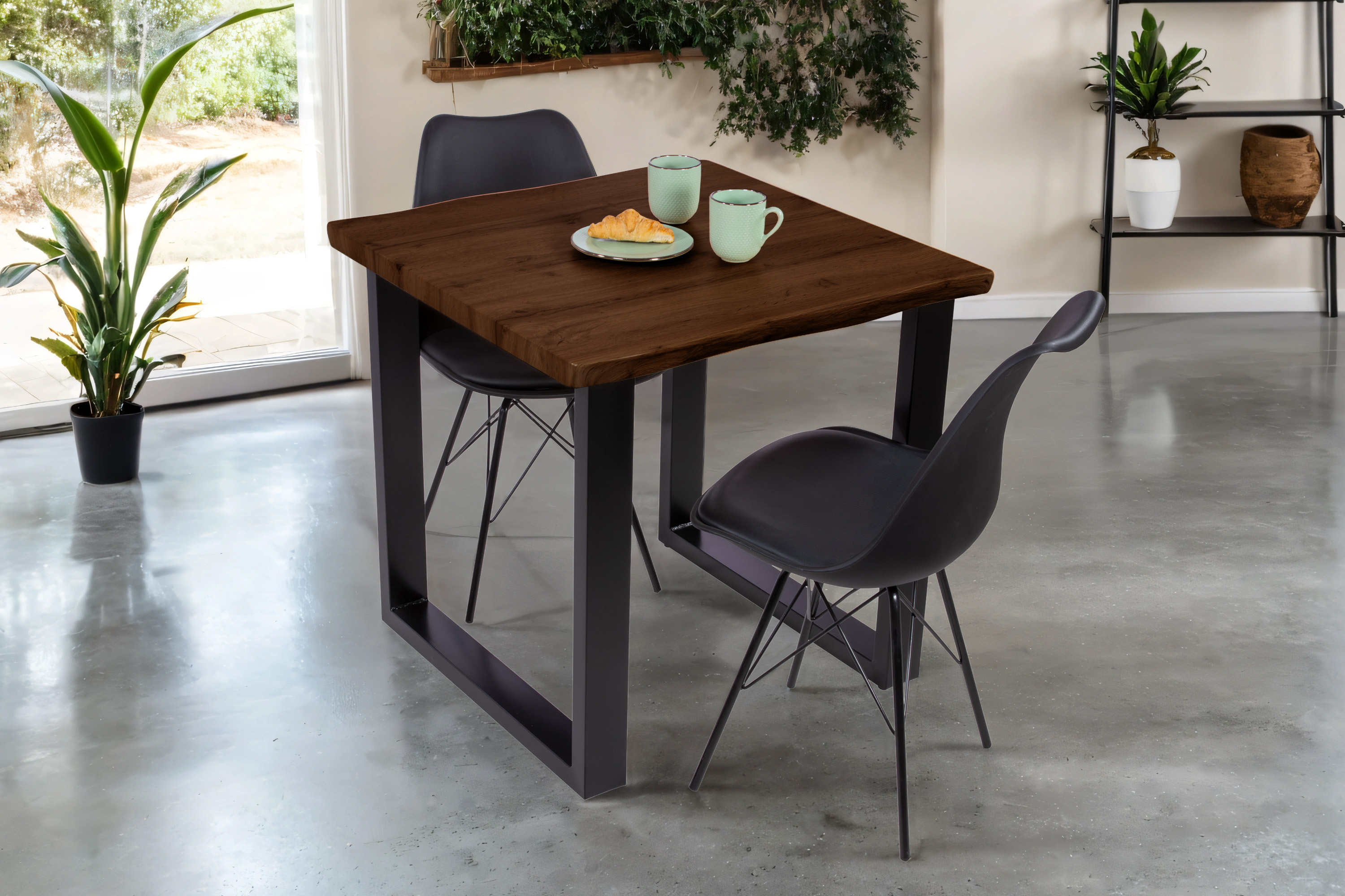 Esstisch Baumkante Holz-Optik Nussbaum 80 x 80 U-Gestell schwarz JOSY