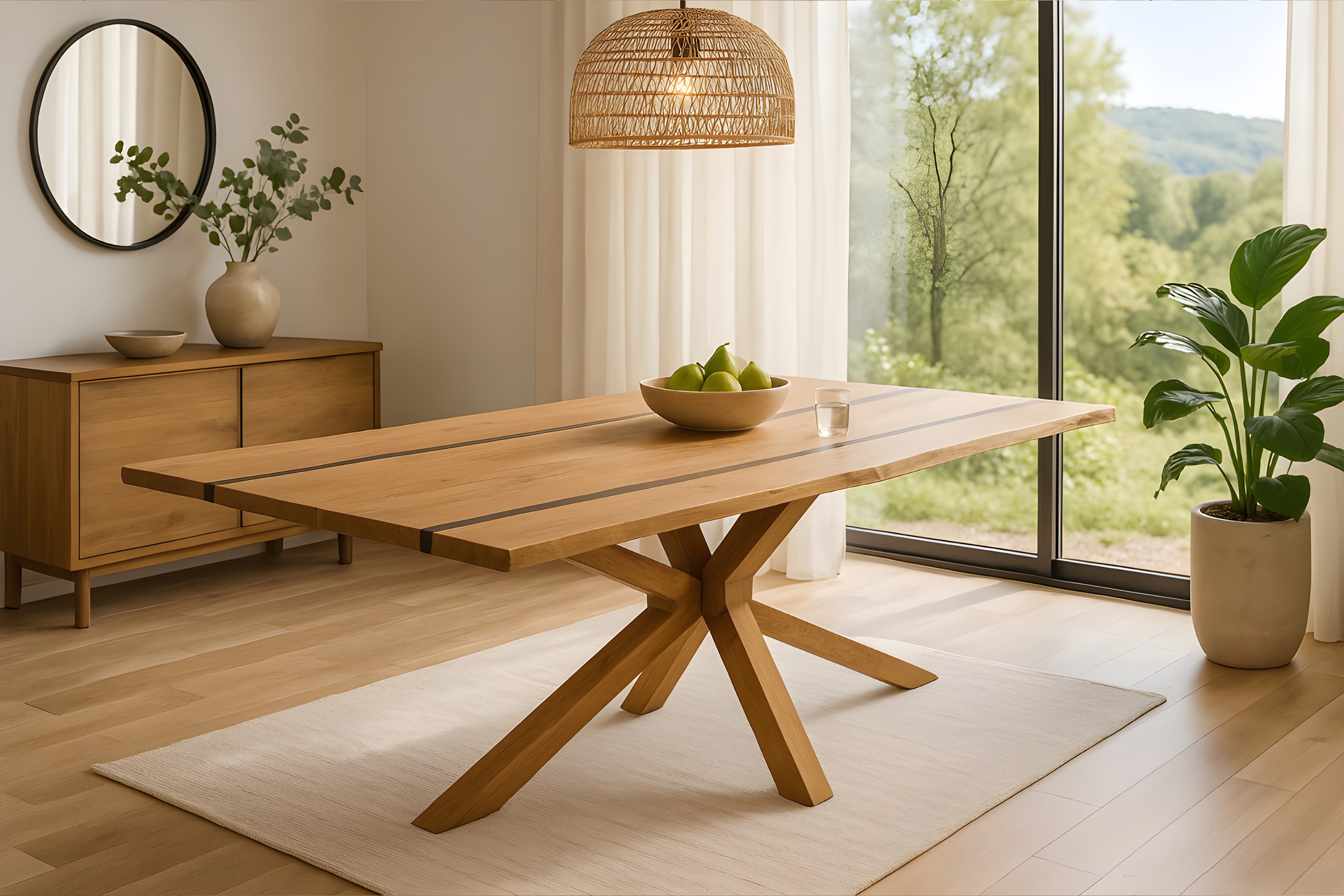 Esstisch 180 x 90 cm Akazie massiv natur mit schwarzen Resin-Adern Spider-Gestell Holz natur PETER