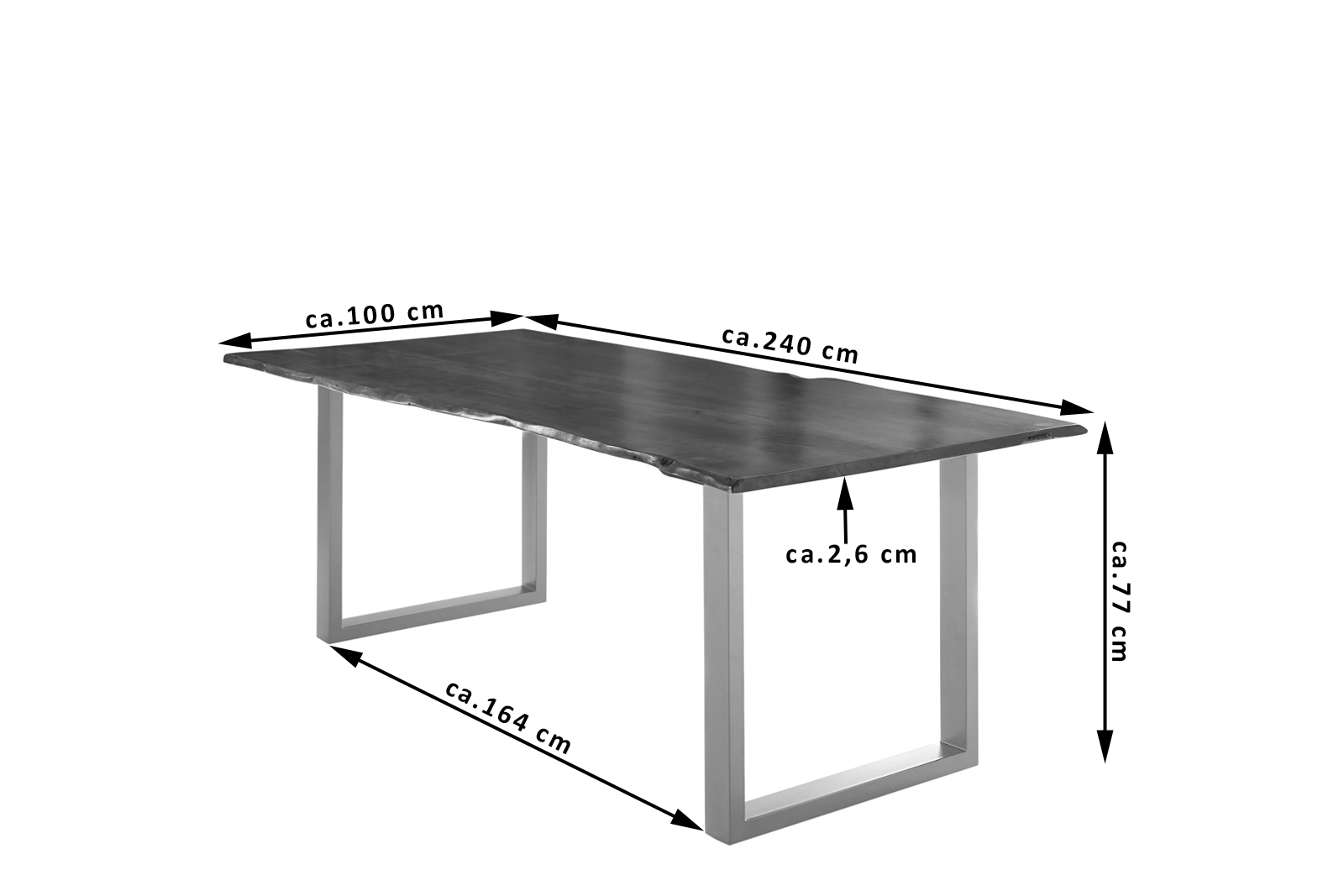 Esstisch Baumkante massiv Akazie nussbaum 240 x 100 silber U-Gestell LUBIN