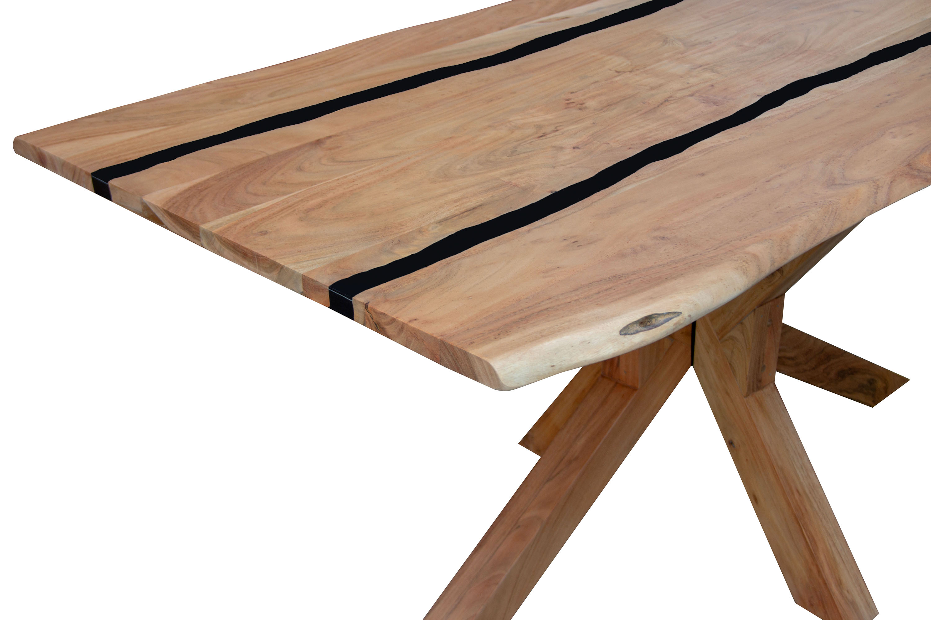 Esstisch 200 x 100 cm Akazie massiv natur mit schwarzen Resin-Adern Spider-Gestell Holz natur PETER