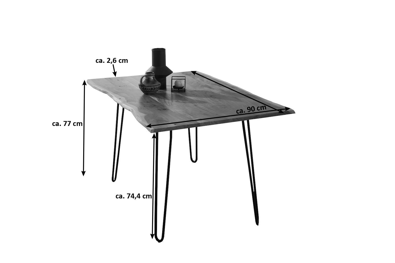 Esstisch Baumkante massiv Akazie nussbaum 90x90 Hairpin-Gestell silber HANNAH Esstisch Baumkante massiv Akazie nussbaum 90x90 Hairpin-Gestell silber HANNAH