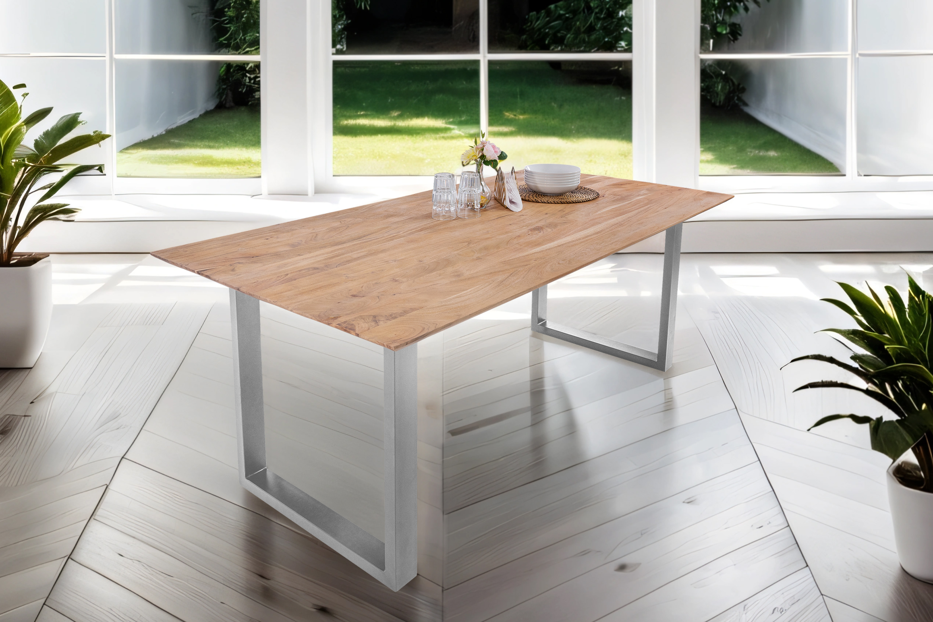 Esstisch 180x90 cm Akazie massiv eichenfarben schweizer Kante U-Gestell silber DEAN