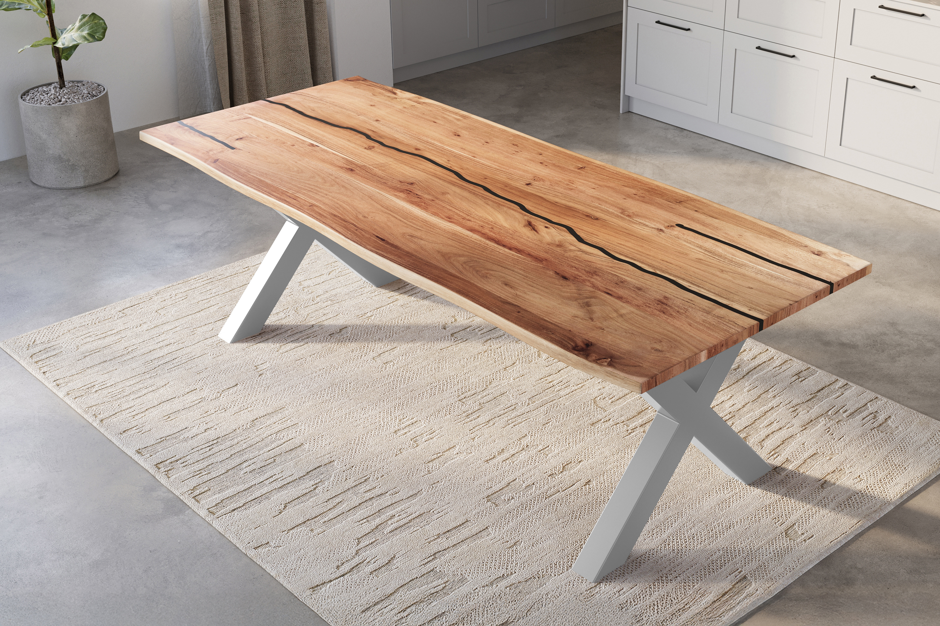Baumkantentisch Akazie mit schwarzen Resin-Adern naturfarben 260 x 100 cm X-Gestell silber POLLY