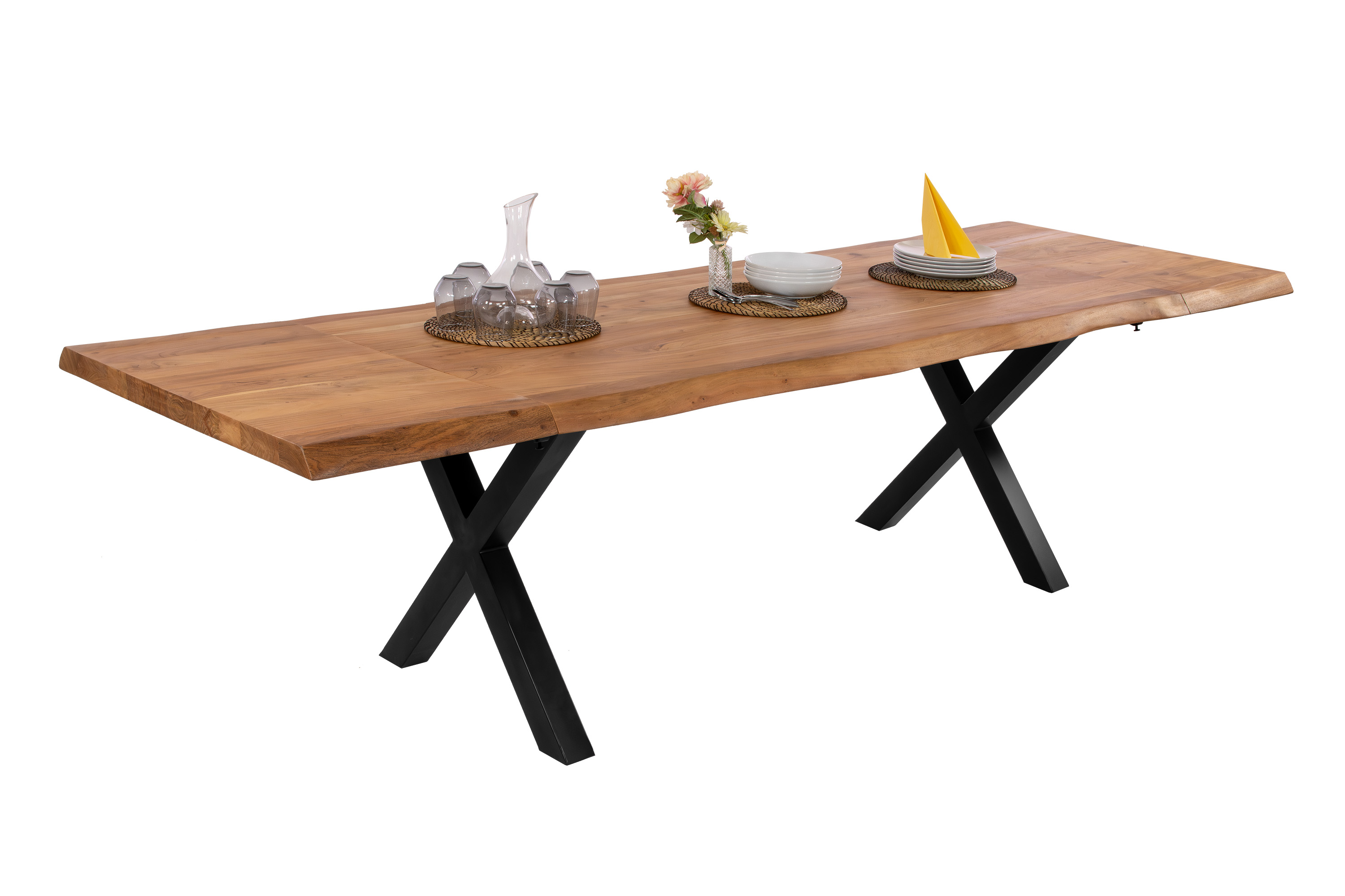 Esstisch Baumkante Akazie natur 180 (280) x 90 X-Gestell schwarz mit Ansteckplatten CALI