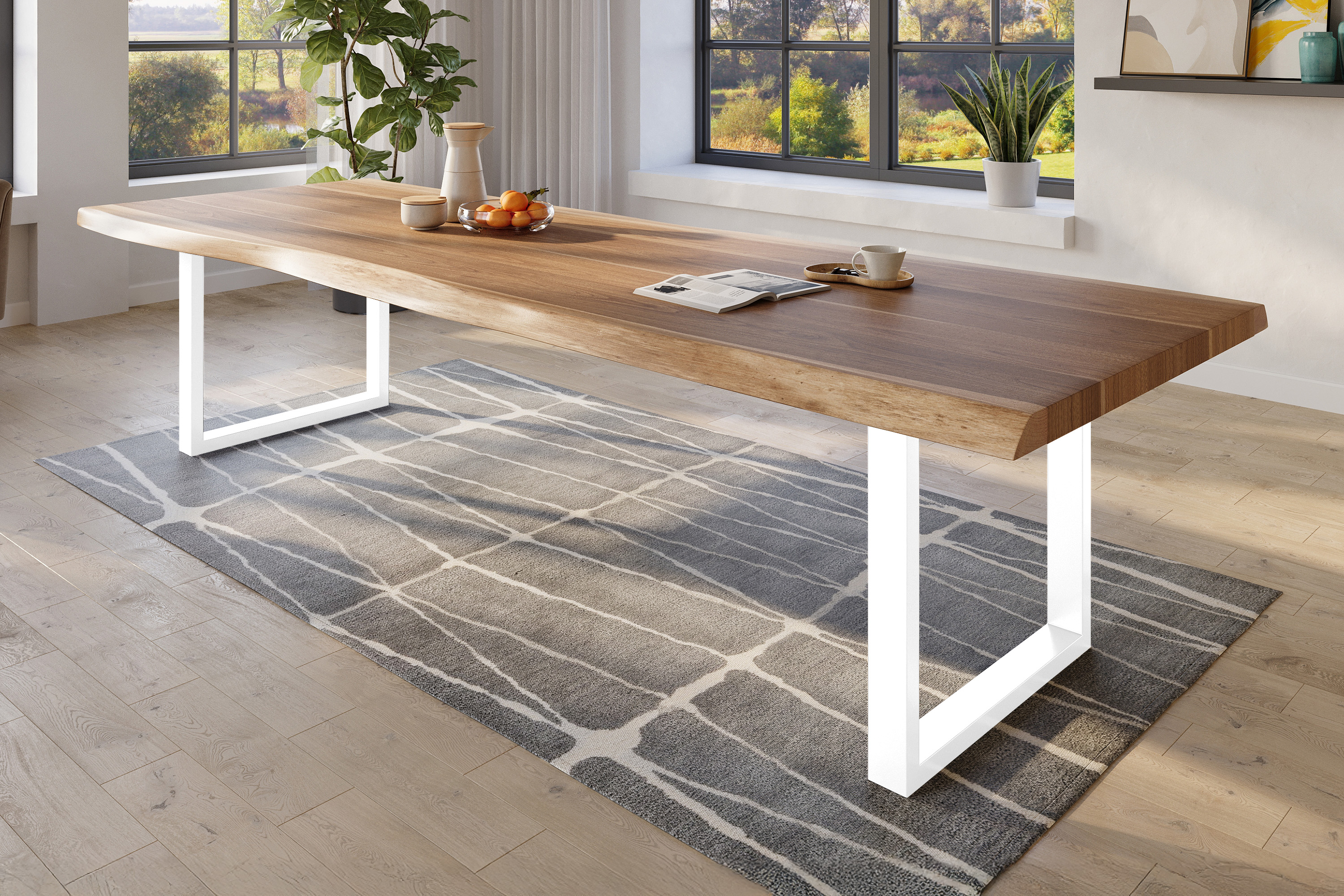 Esstisch Baumkante massiv Akazie natur 350 x 120 U-Gestell Metall weiß TITAN