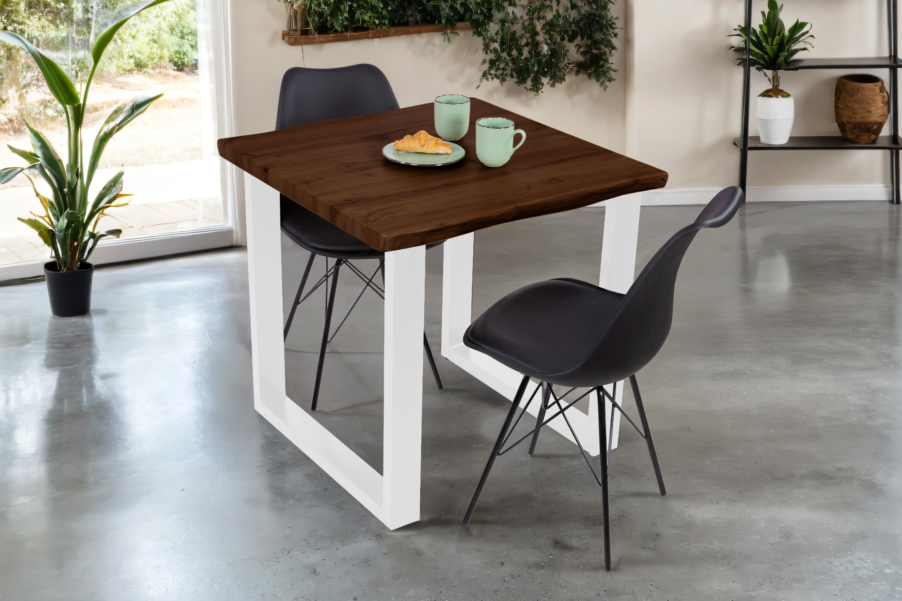 Esstisch Baumkante Holz-Optik Nussbaum 80 x 80 U-Gestell weiß JOSY