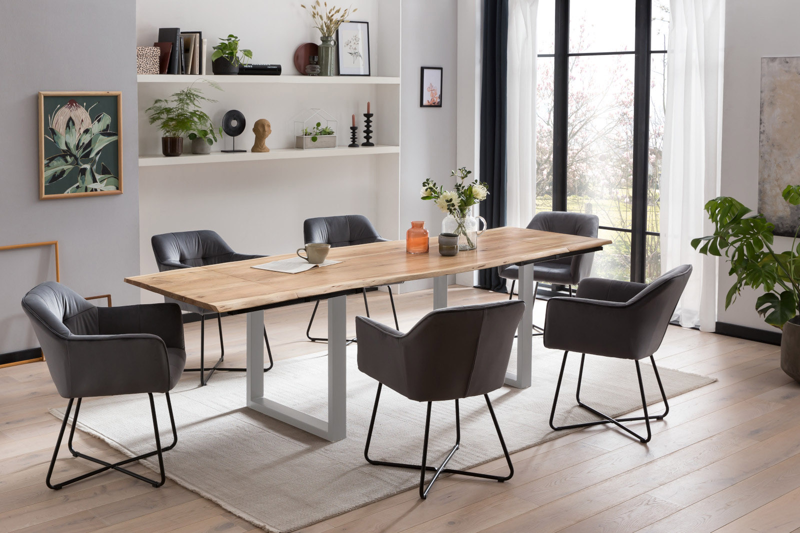 Esstisch Baumkante Akazie natur 200(300)x100 Ansteckplatten silber PAULO