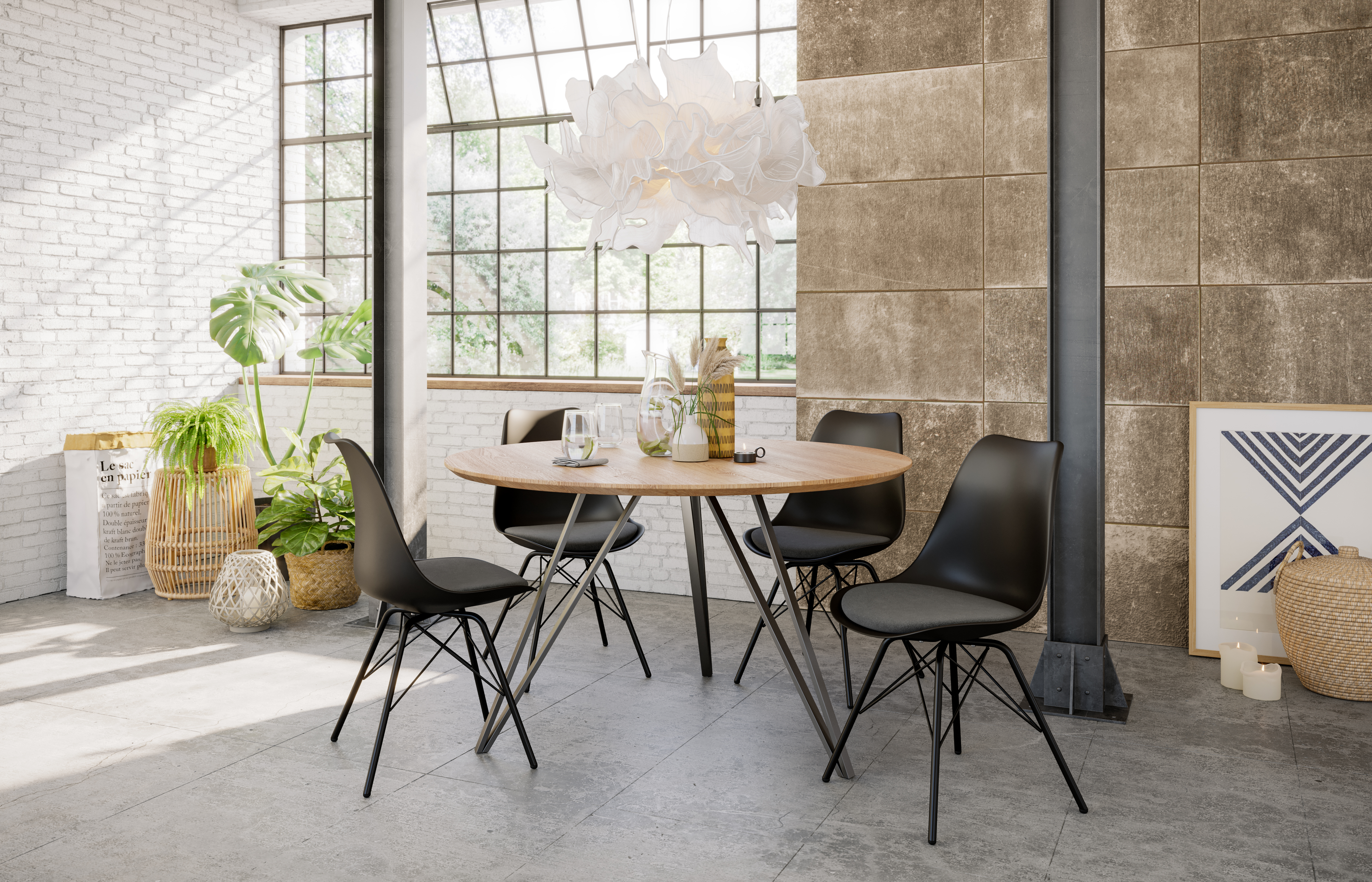  Runder Esszimmertisch massiv Eiche Schweizer Kante 90 cm Hairpin silber DREAM