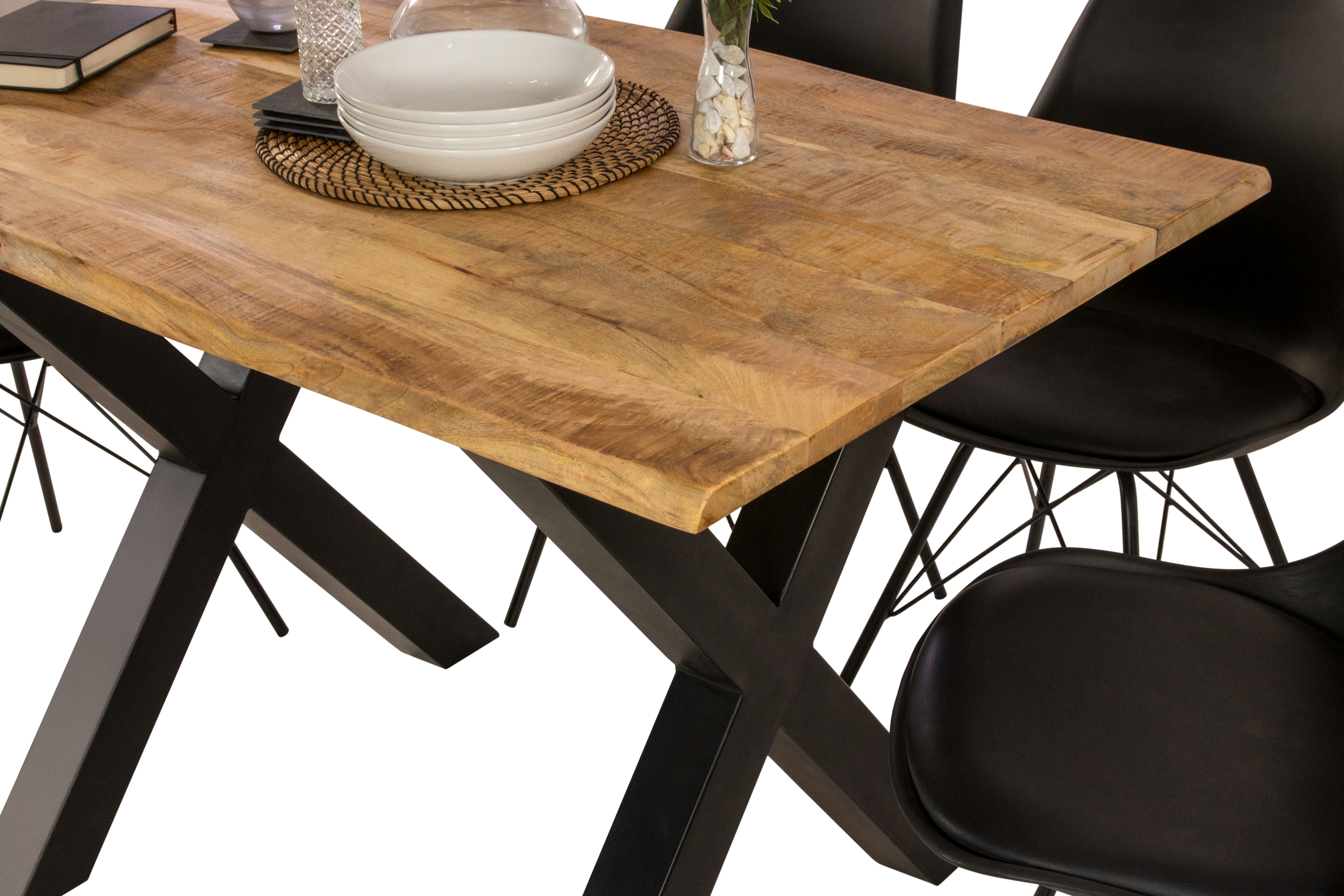 Esstisch Baumkante Massiv Mango rough 120 x 80 schwarz X-Gestell MIRABELLE