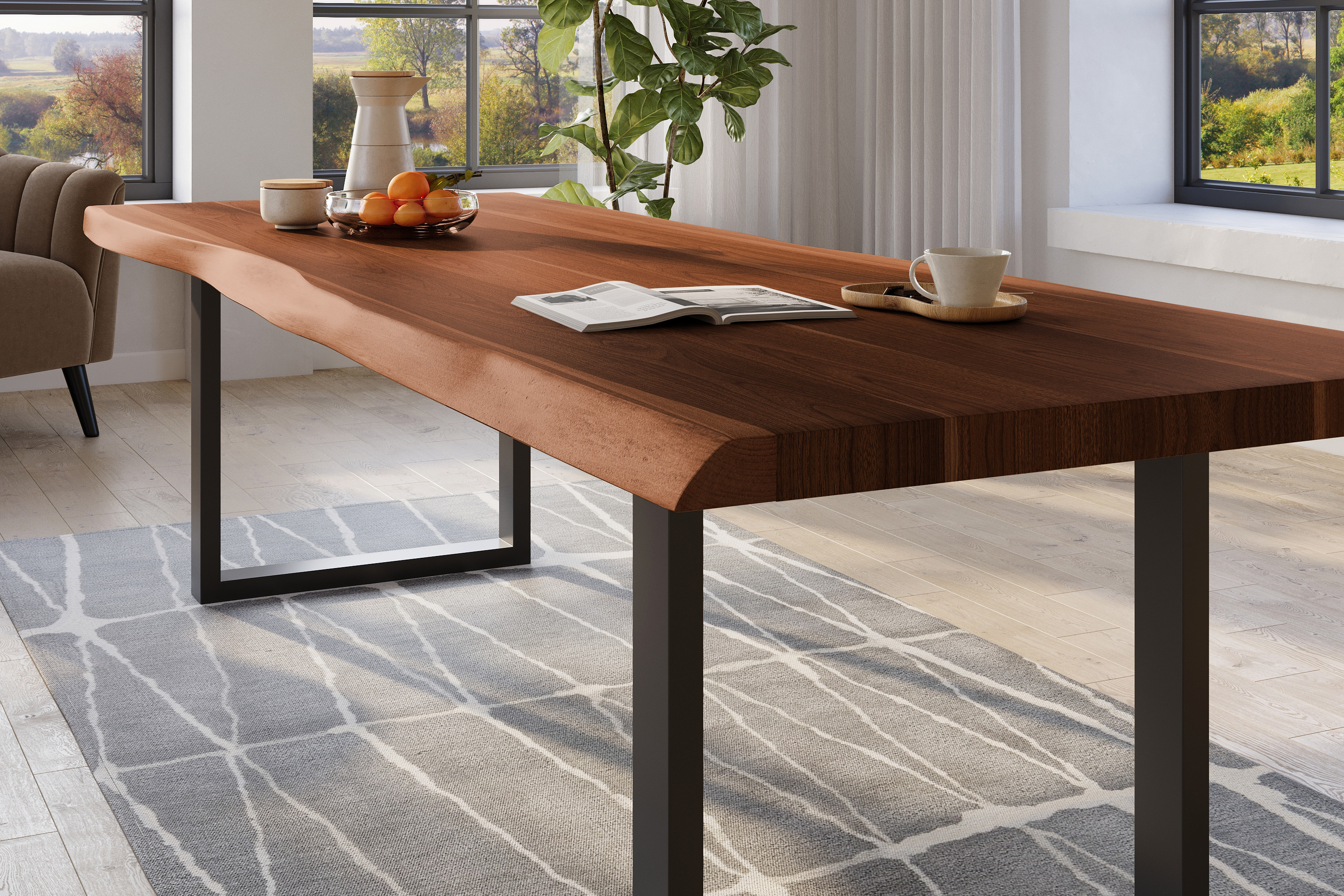 Esstisch Baumkante massiv Akazie nussbaumfarben 260 x 120 U-Gestell Metall schwarz TITAN