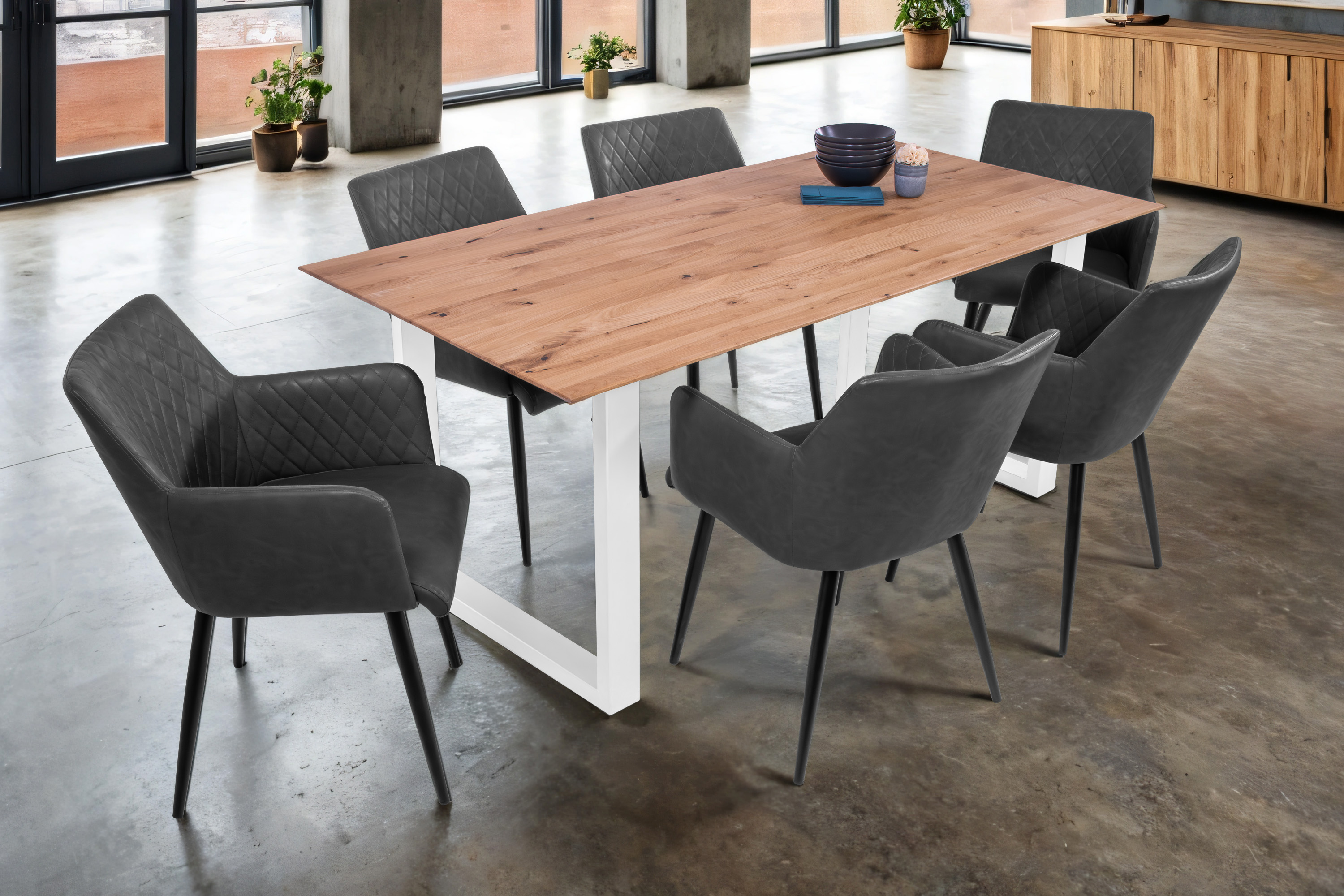 Esszimmertisch Schweizer Kante eckig massiv & geölt Eiche 160x85 weiß U-Gestell Lotte