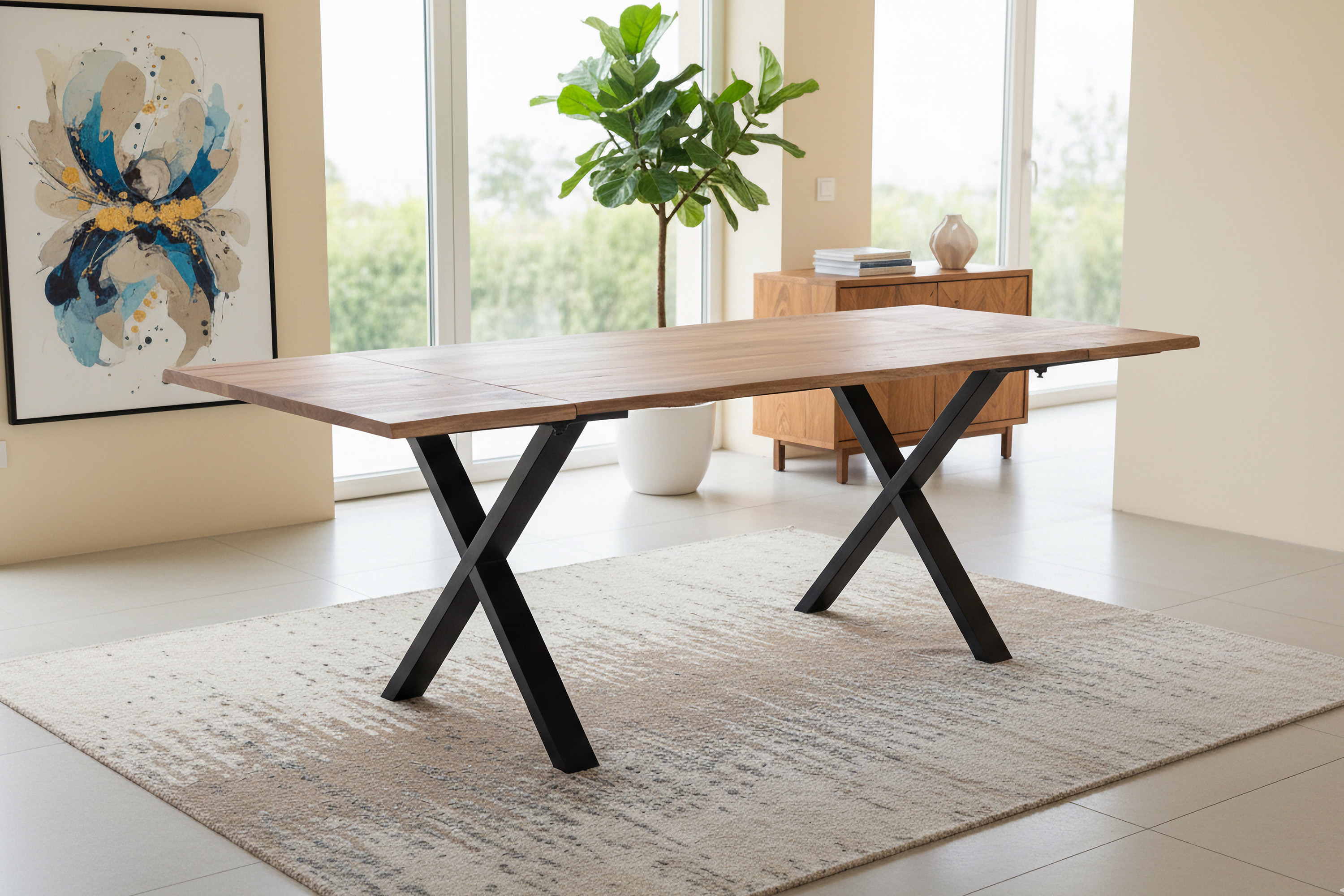 Esstisch Baumkante Akazie natur 140(220)x90 Ansteckplatten X-Gestell schwarz AVINO