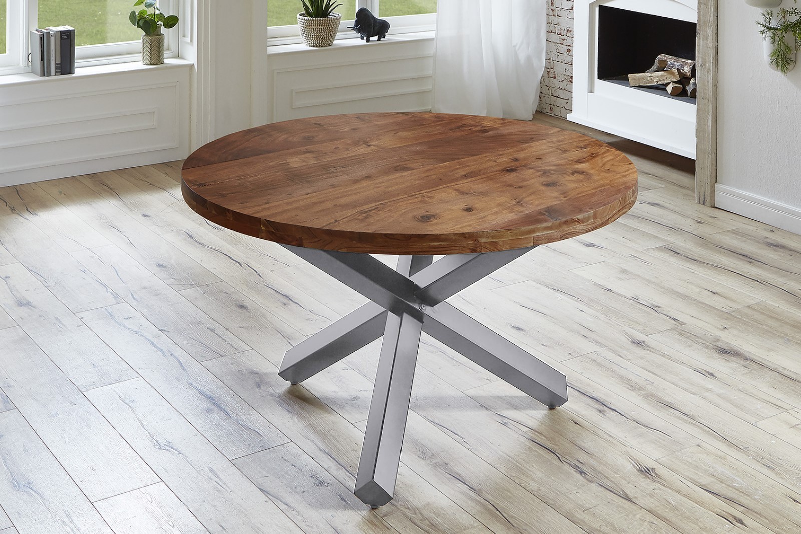  Esszimmertisch rund 120 cm Akazienholz Nussbaum Silber RUNA
