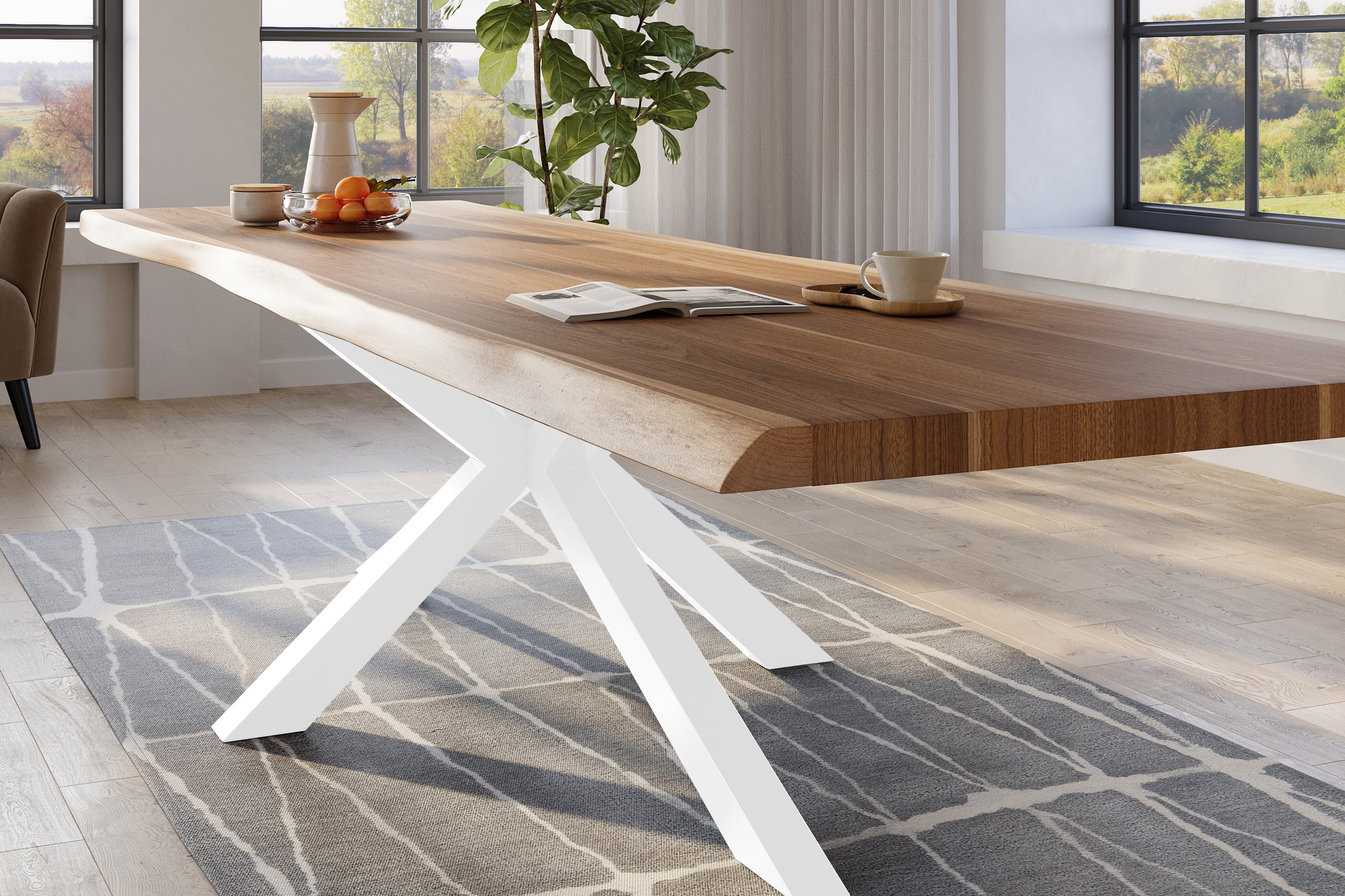 Esstisch Baumkante massiv Akazie natur 300 x 110 Spider-Gestell Metall weiß TITAN