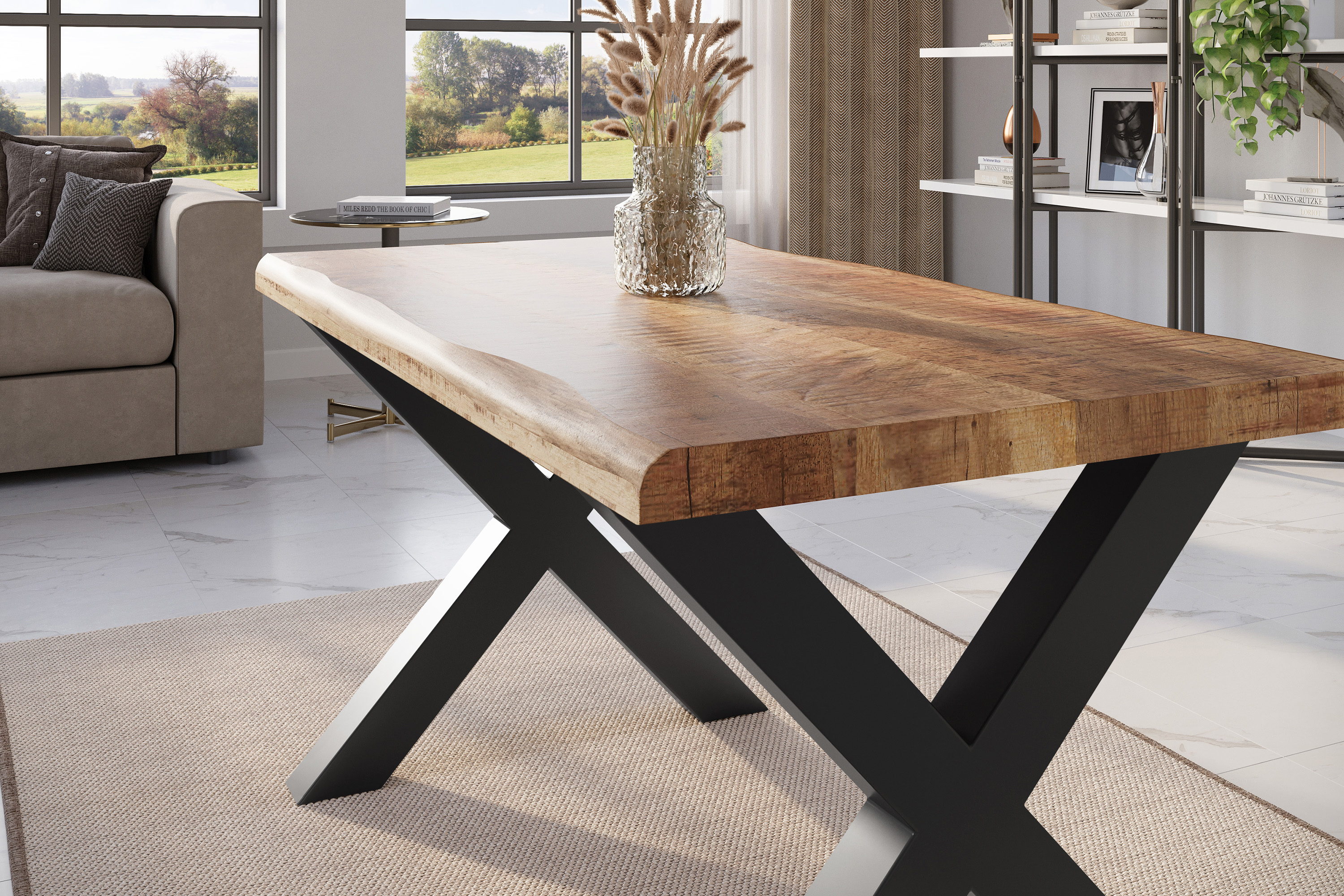 Esstisch Baumkante massiv Mango rough 120 x 80 X-Gestell schwarz ATLAS