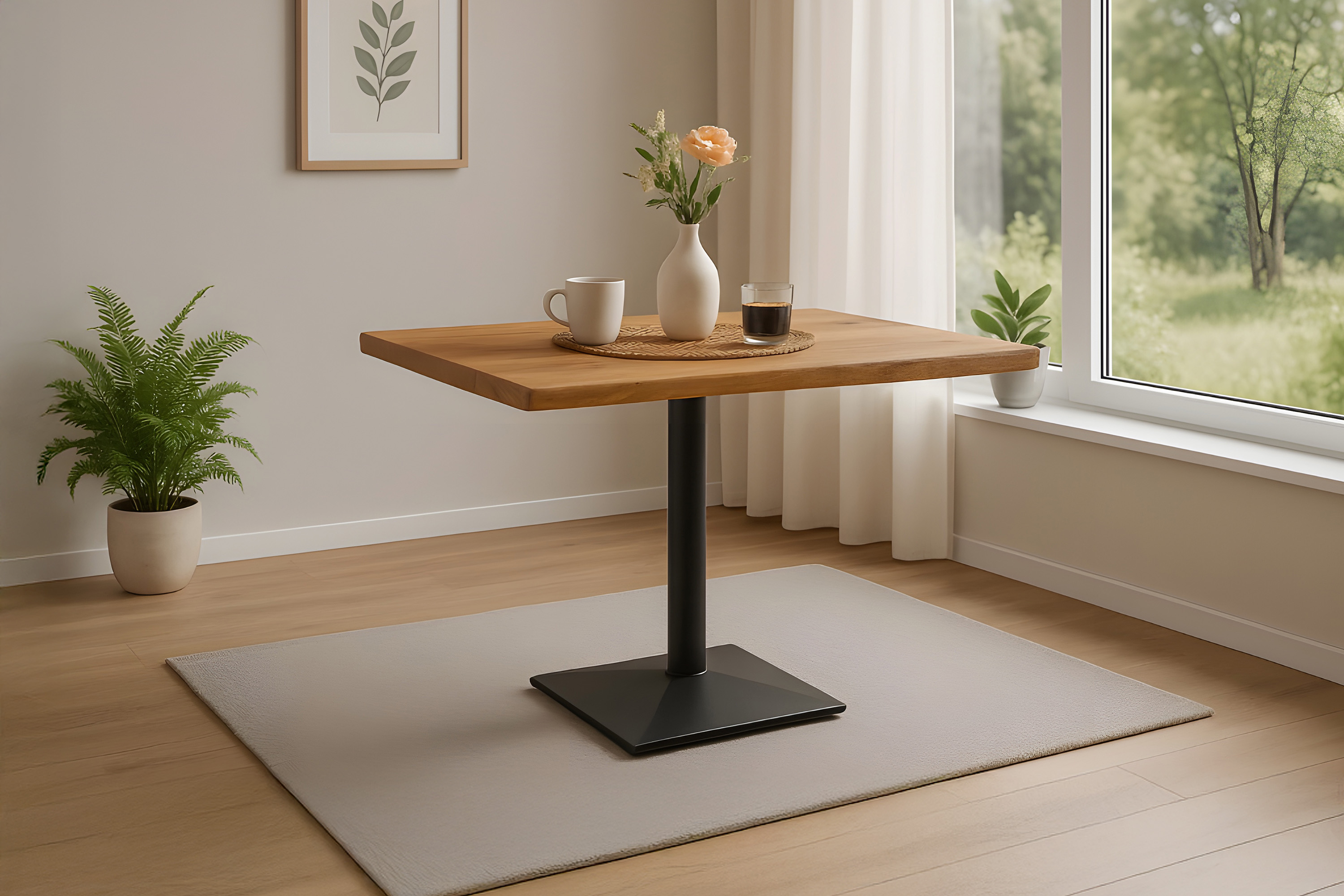 Bistrotisch Baumkante massiv 80 x 60 cm Akazie natur schwarz Säulengestell INES