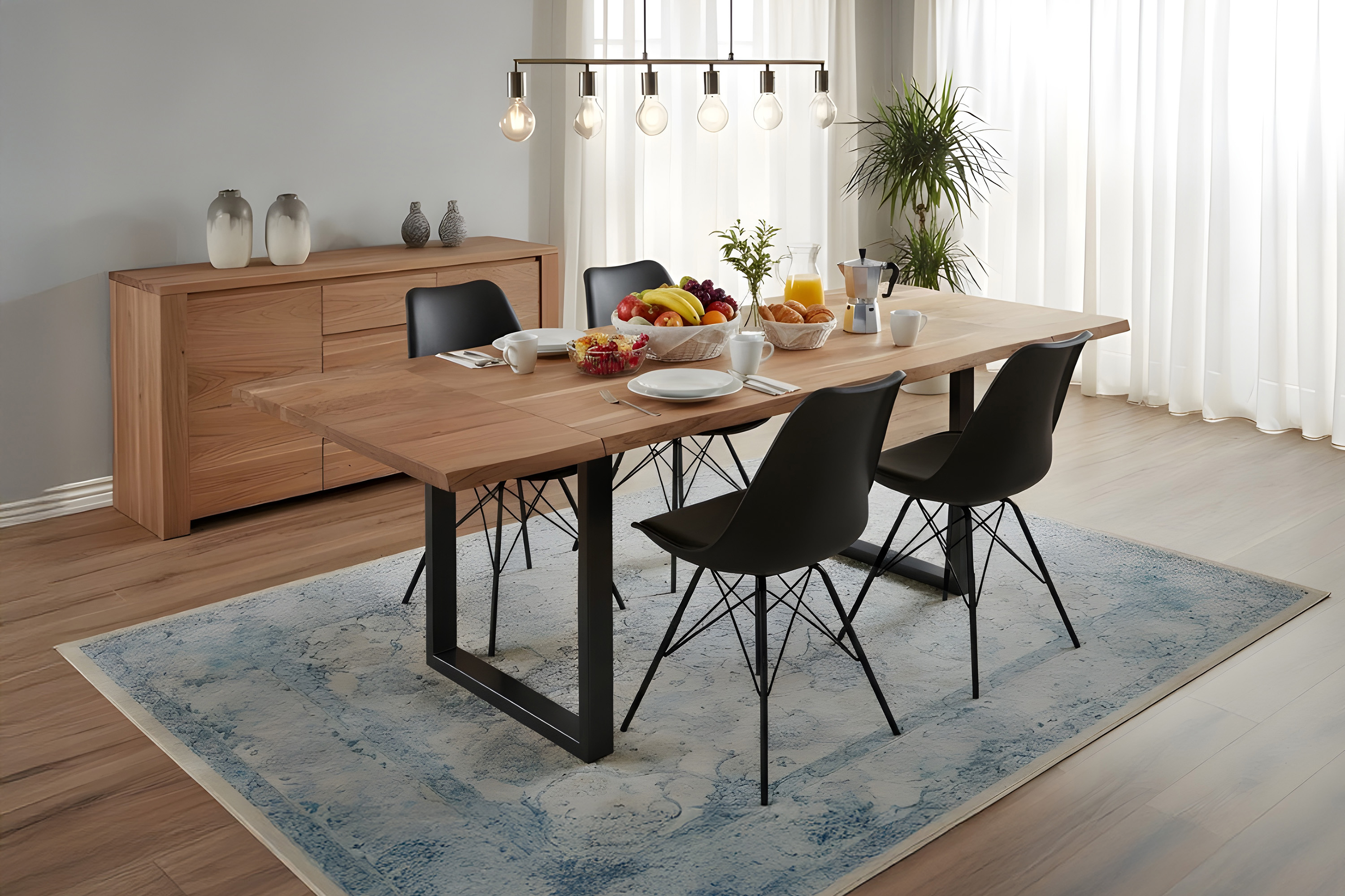 Esstisch Baumkante Akazie natur 140(220)x90 Ansteckplatten schwarz ADINA