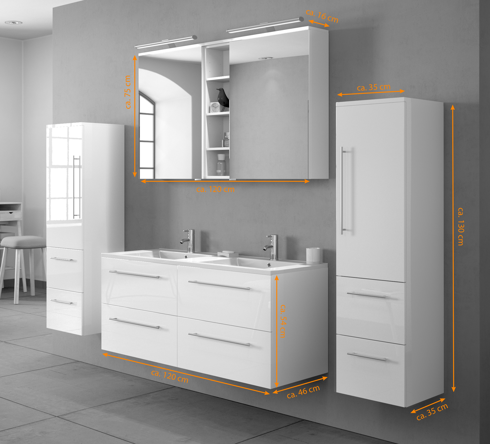 Waschplatz Doppelwaschtisch 120 cm Hochglanz weiss VILLA
