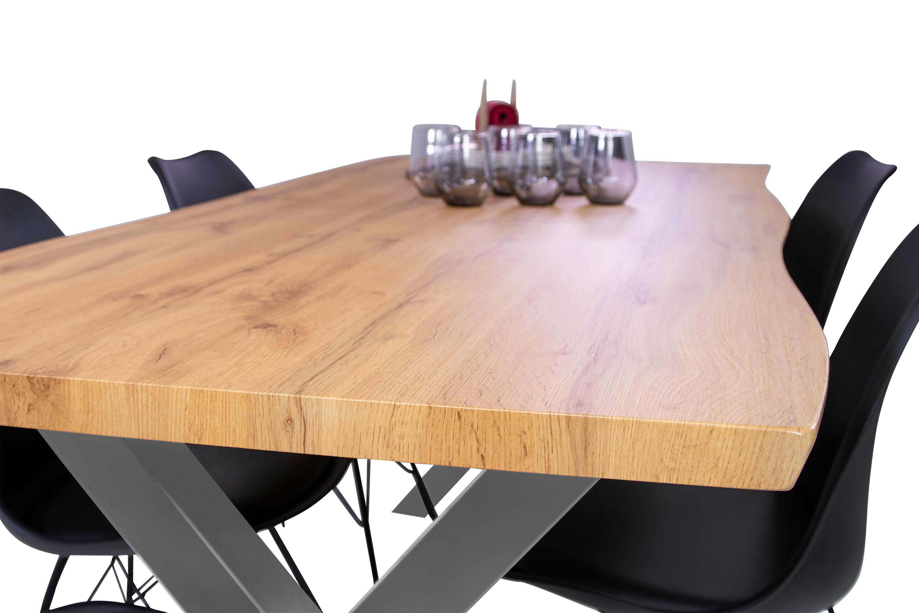 Esstisch Baumkante Holz-Optik Wildeiche 180 x 90 X-Gestell silber JOSY