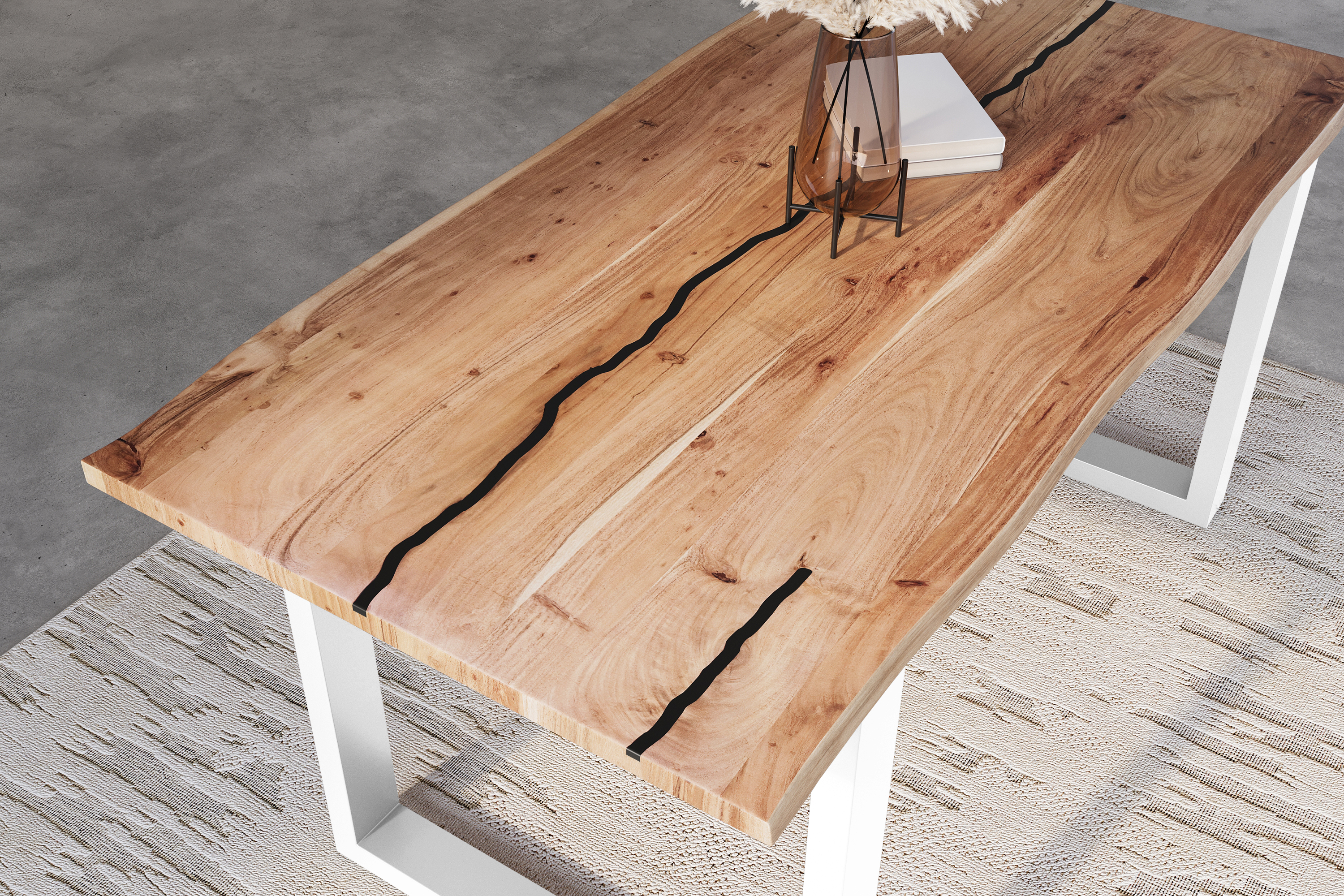 Baumkantentisch Akazie mit schwarzen Resin-Adern naturfarben 120 x 80 cm U-Gestell weiß POLLY