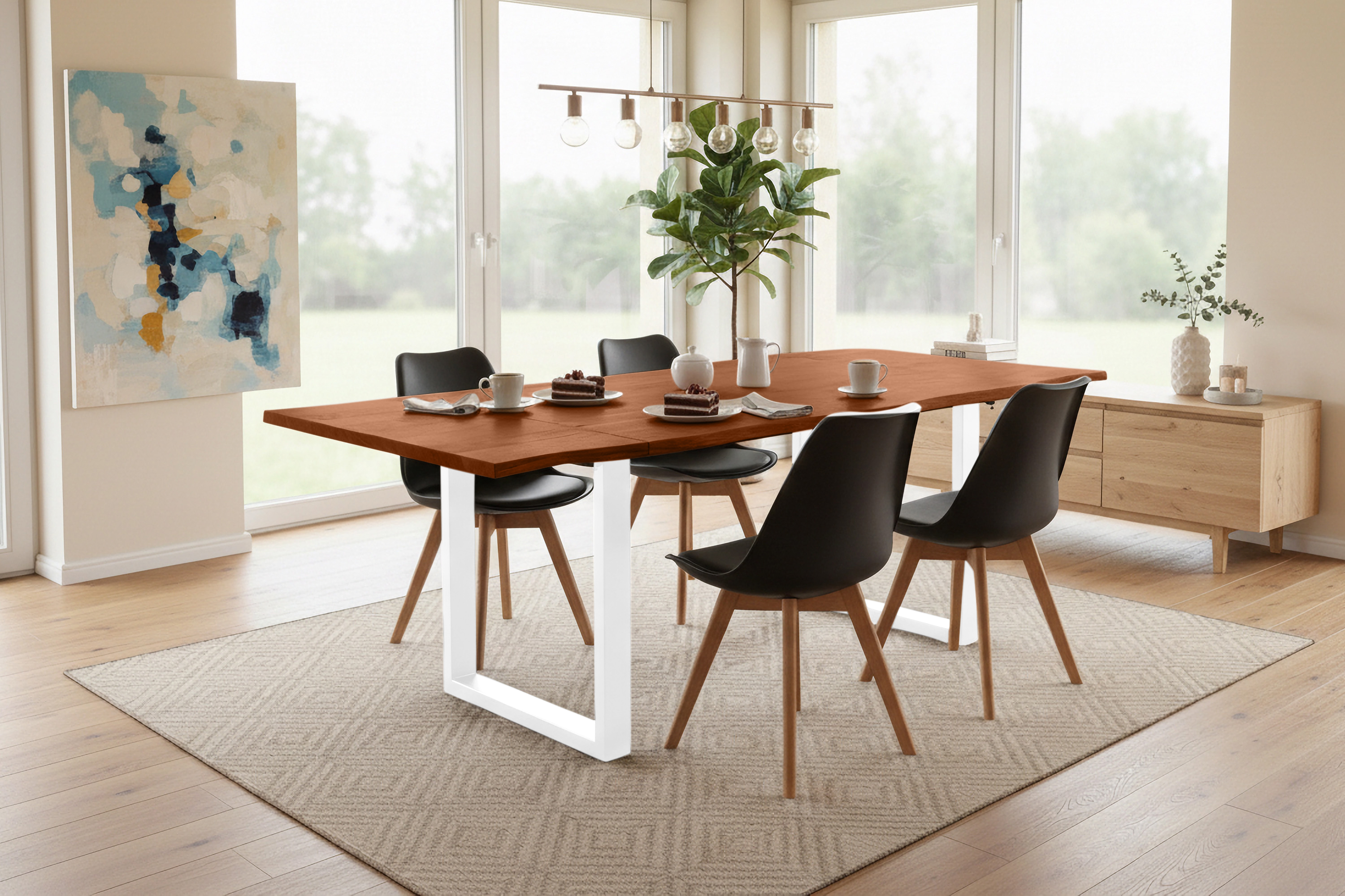 Esstisch Baumkante Akazie nuss 140(220)x90 Ansteckplatten U-Gestell weiß AVINO