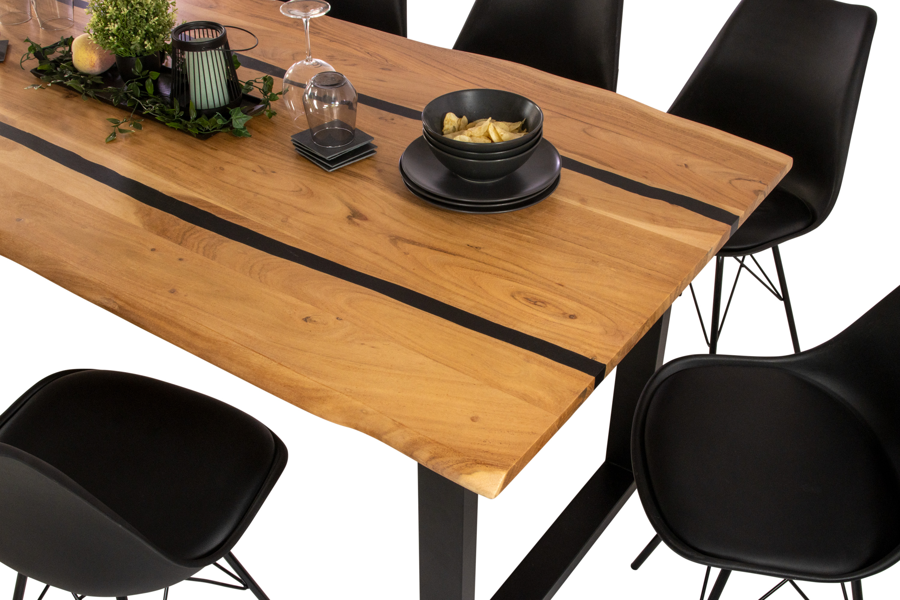 Esstisch 240 x 100 cm Akazie massiv natur mit schwarzen Resin-Adern U-Gestell schwarz PETER