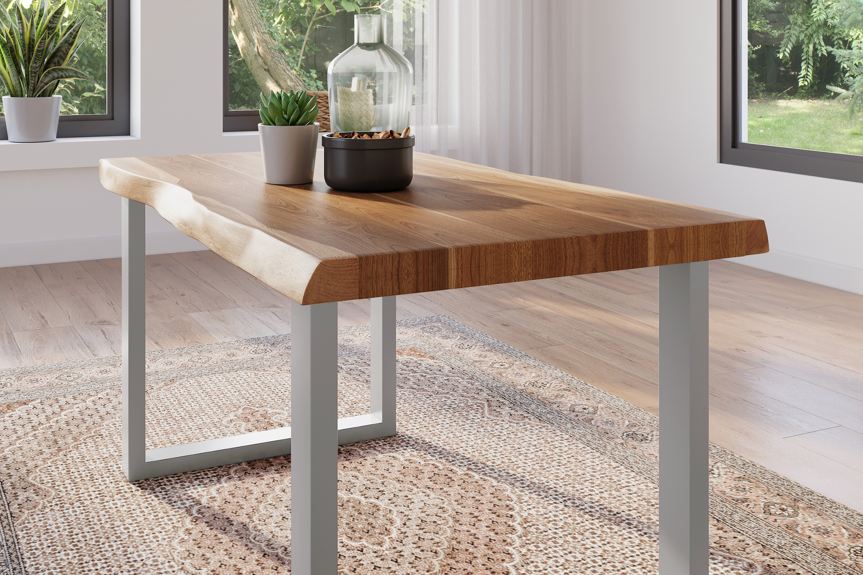 Esstisch Baumkante massiv Akazie Natur 140 x 80 U-Gestell silber ATLAS