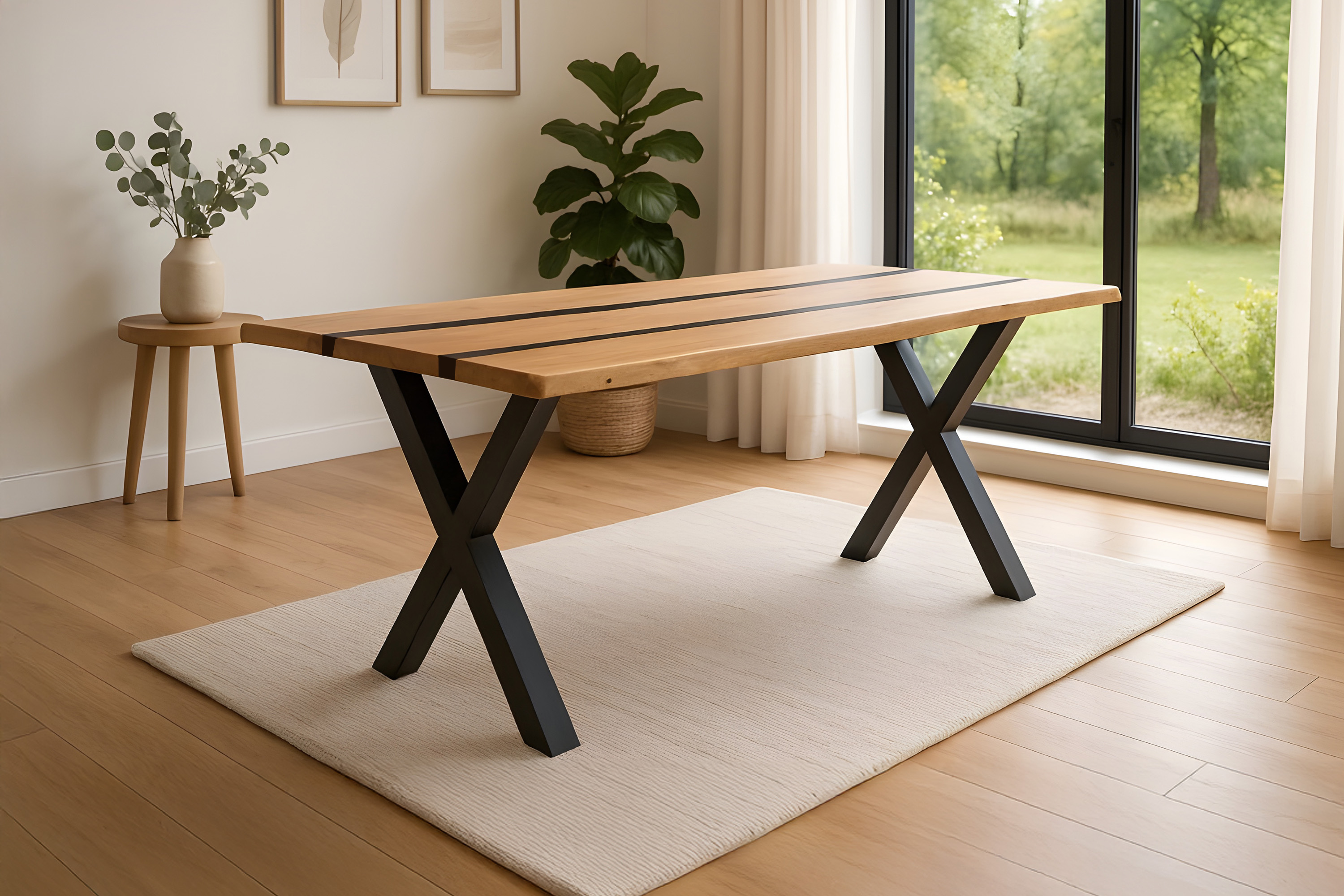 Esstisch 180 x 90 cm Akazie massiv natur mit schwarzen Resin-Adern X-Gestell schwarz PETER
