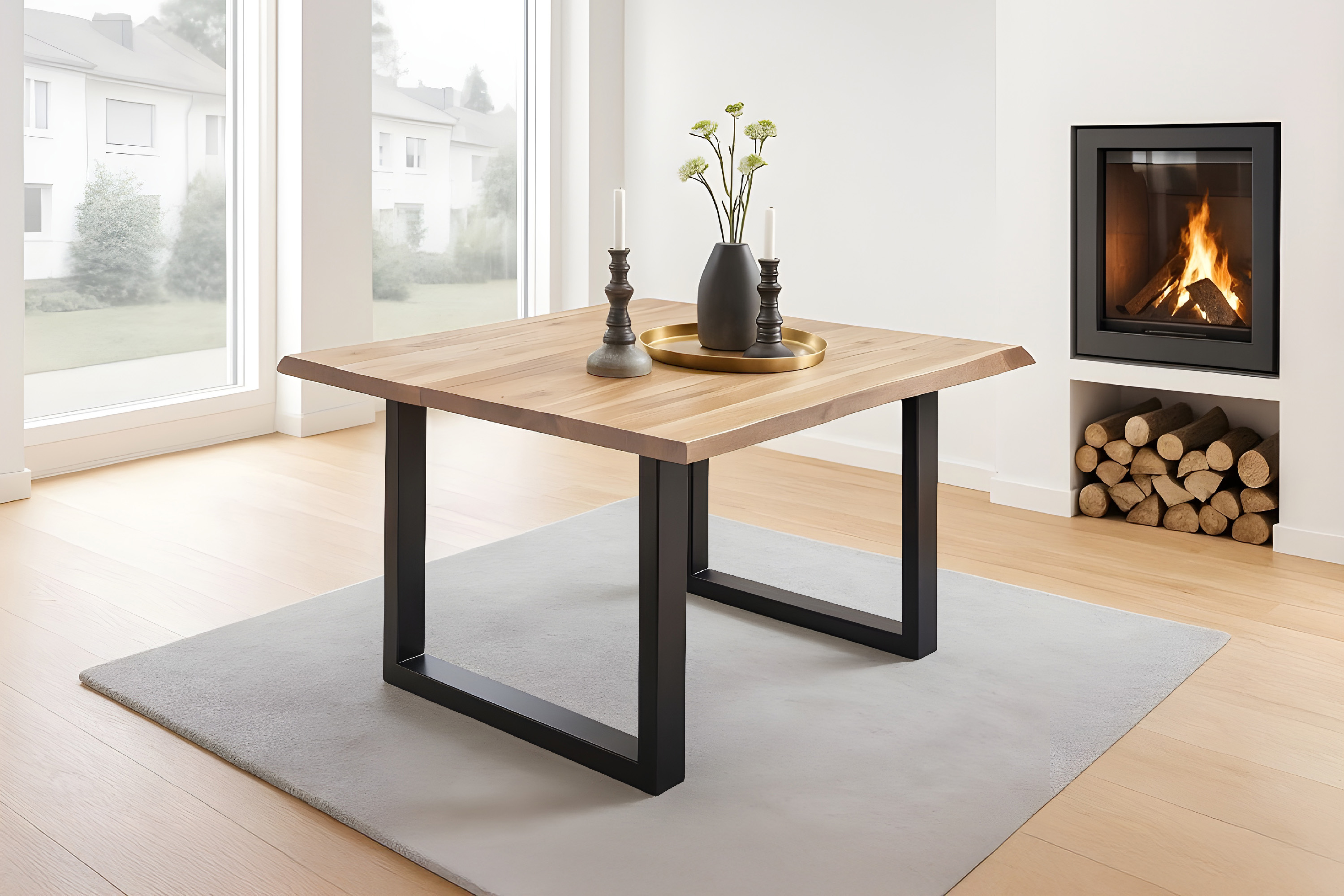 Esstisch Baumkante massiv Akazie eichefarben 90 x 90 schwarz NIAH