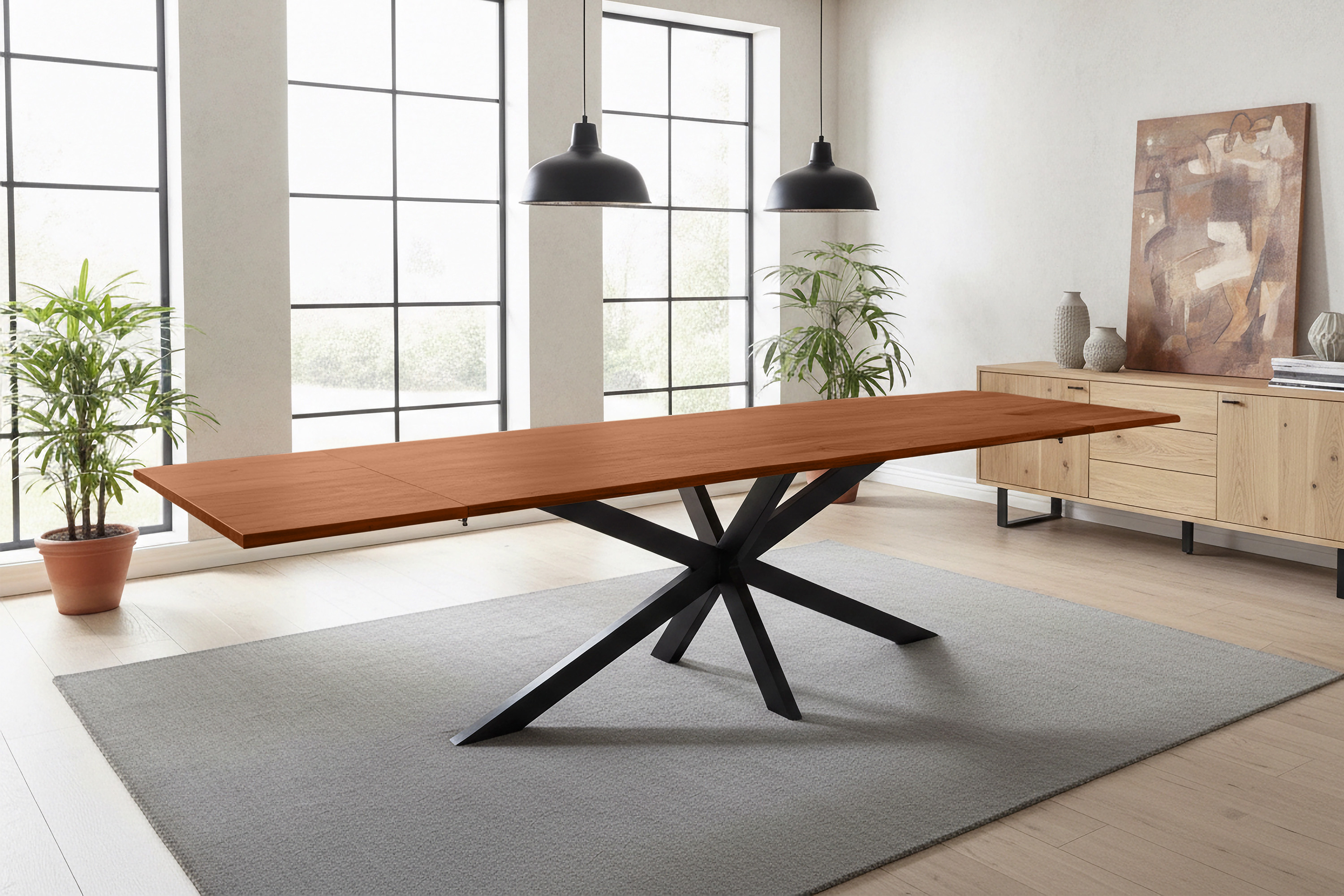 Esstisch Baumkante Akazie nuss 200(300)x100 Ansteckplatten Spider-Gestell schwarz AVINO